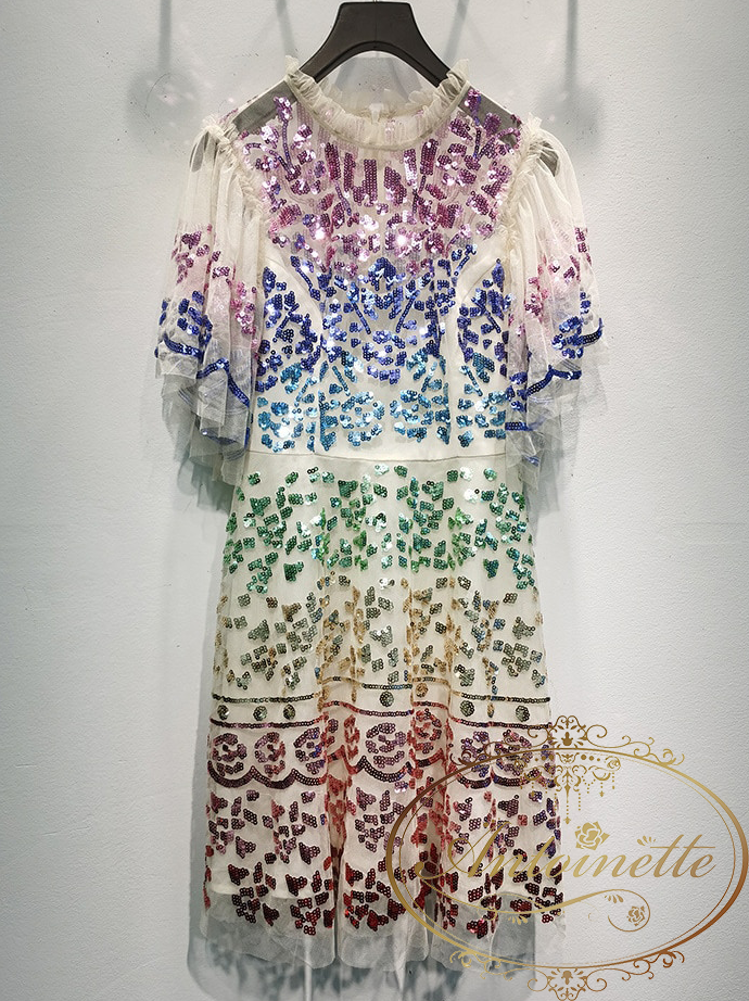 レインボー ワンピース キラキラ スパンコール Summer Mini Dress Designer Women Short Sleeve Flare Ruffled Sequined Luxury Mesh Ladies A Line Dresses Antoinette