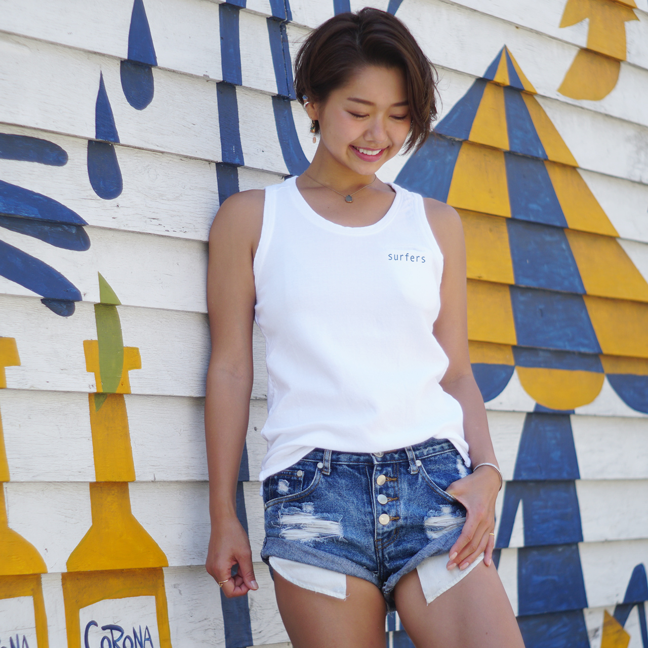 肌見せアウターに 透けないふんわり素材のタンクトップ Base Mag