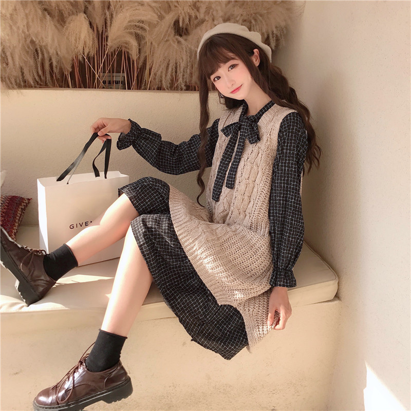 ニットセーター チェック柄ワンピース二点セット Base Mag