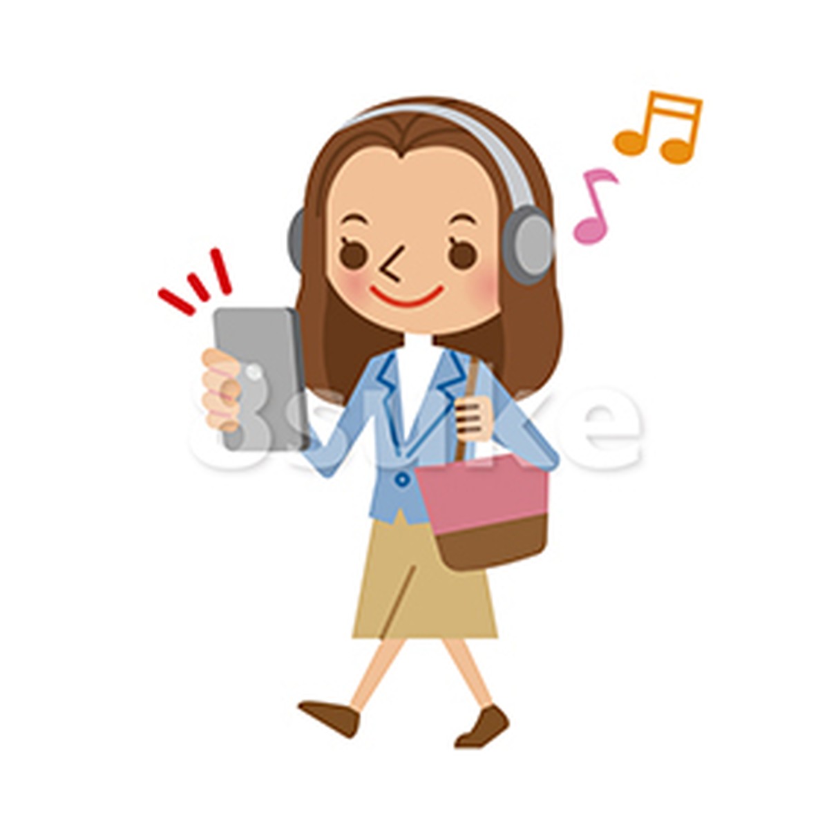 イラスト素材 スマートフォンで音楽を聴きながら歩く若い女性