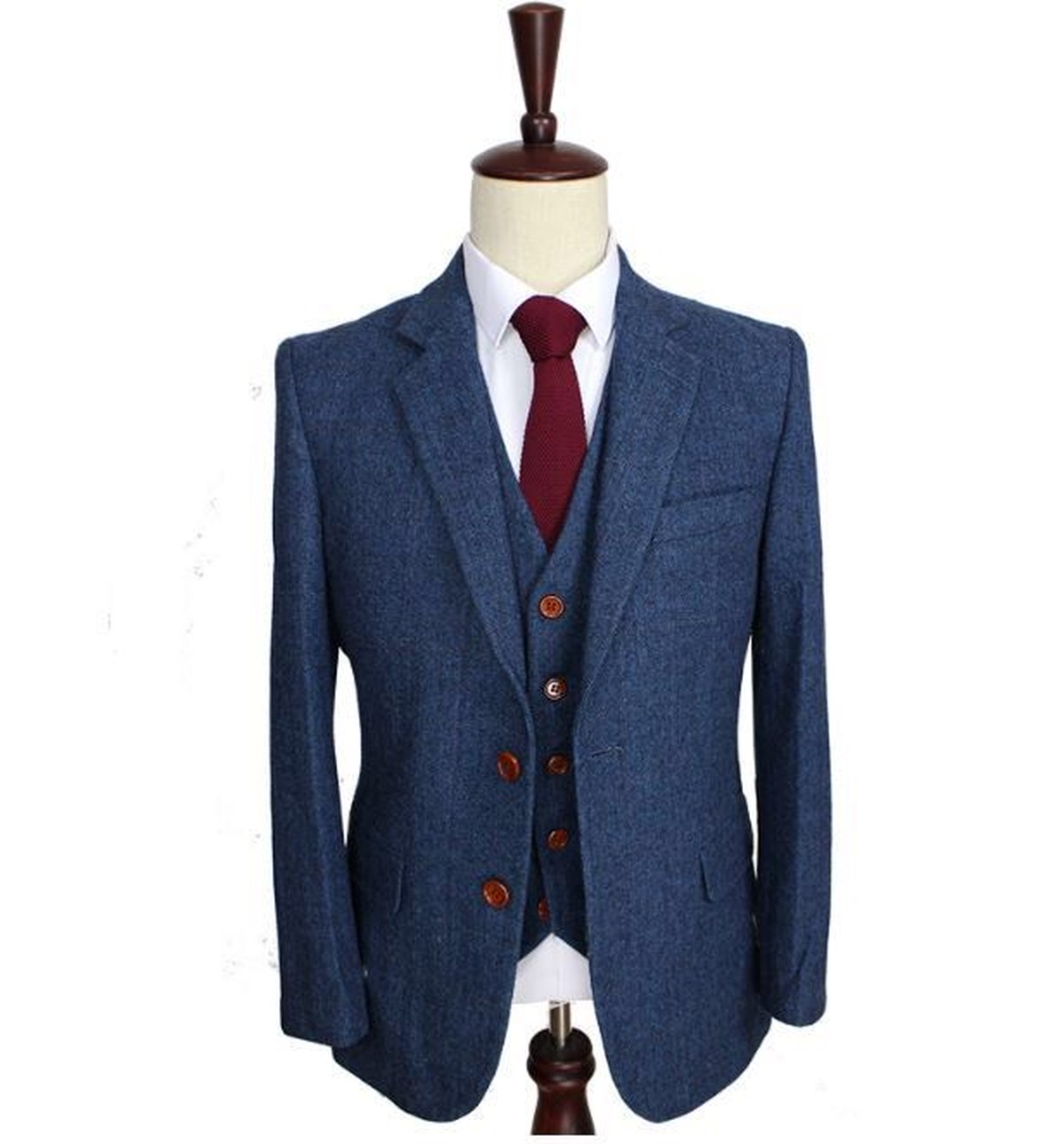 【エリートスーツ】ウール100％ 2Bブルーヘリンボーンスリーピーススーツ | Global Select Suits Store