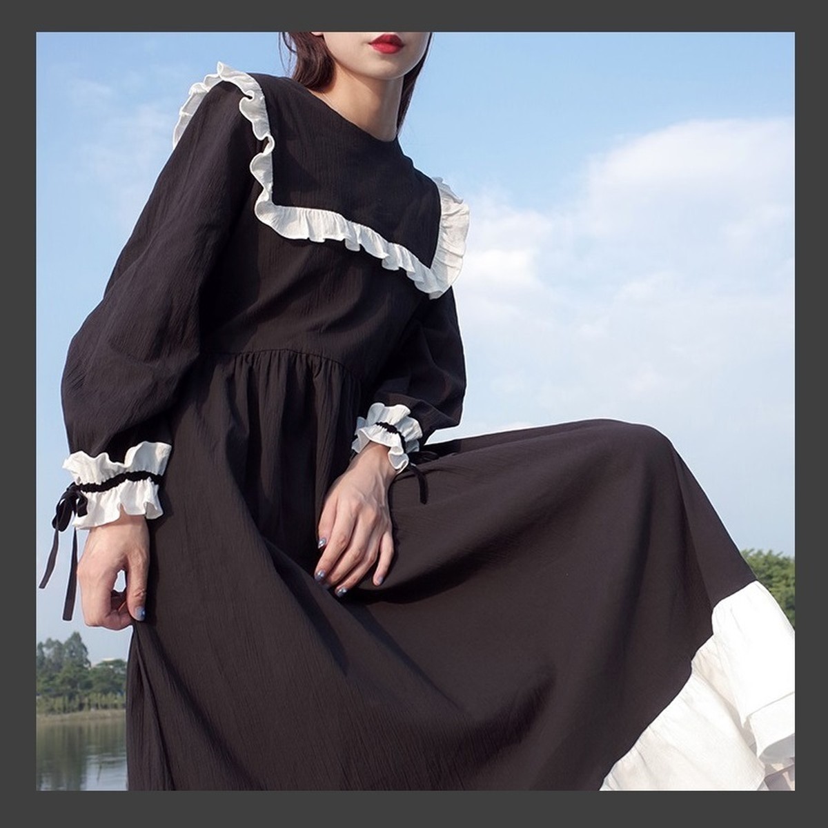 フリル セーラー襟 ロング ワンピース リボン シンプル ゴシック ロリータ 地雷系 量産型 サブカル 原宿系 Glow