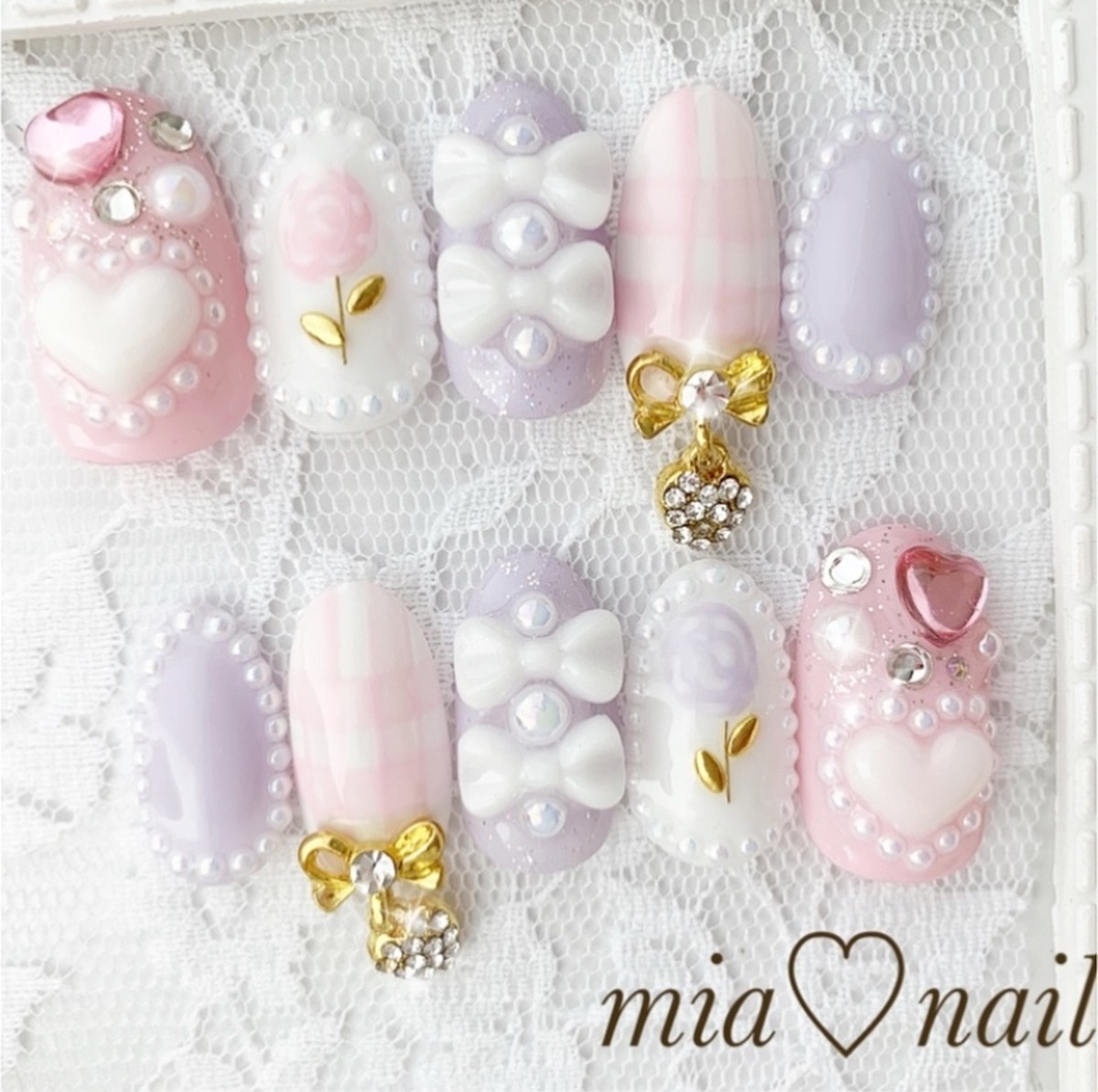 初回特典付 オーダーネイル 王冠ハート 手書き文字 ハートホロ パールネイル 紫 海外最新 Siauliumn Lt