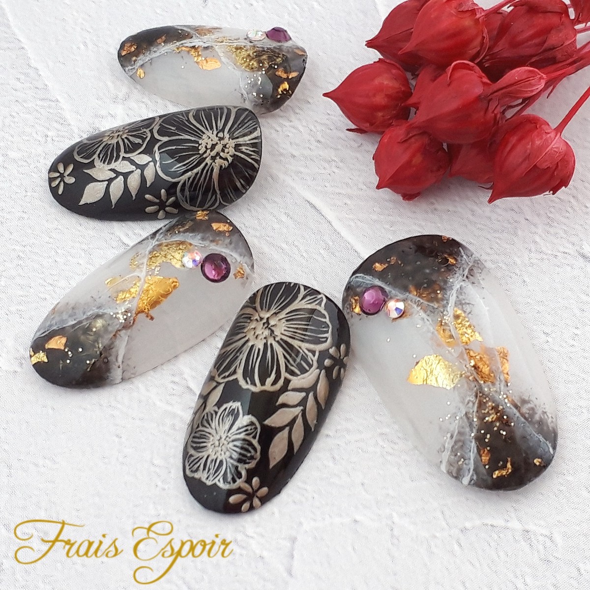 黒の天然石風和柄ネイル 和 和柄 成人式 成人式ネイル ネイルチップ Fraisespoir