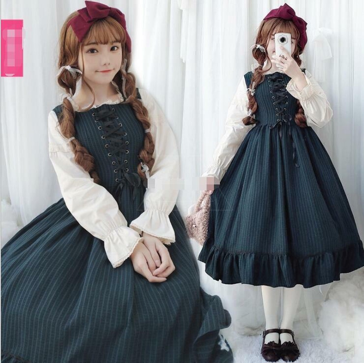 9909ロリータ衣装 レースアップ ロリータ服 森ガール 可愛い 少女風 ワンピース 長袖 lolita ロリータファッション 満天屋