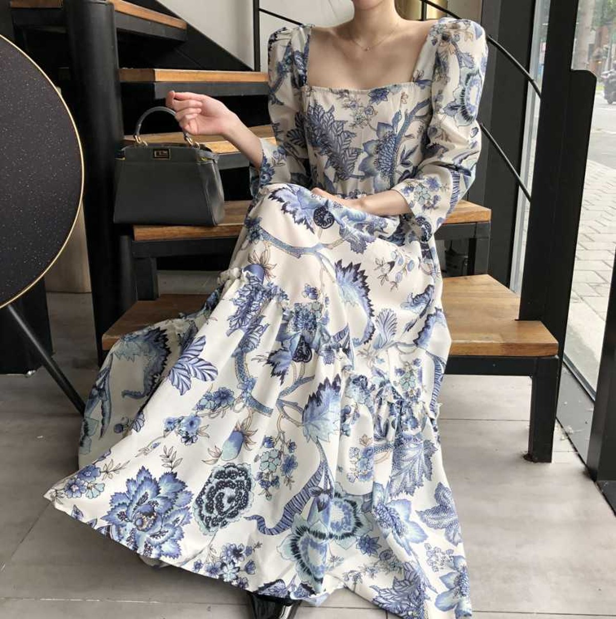 ワンピース 春夏 花柄 ブルー ロング 式典 同窓会 バカンス 可憐 清楚 レトロ 韓国 韓国 アパレル 雑貨 スマホケース レディースファッション専門店 Obolo