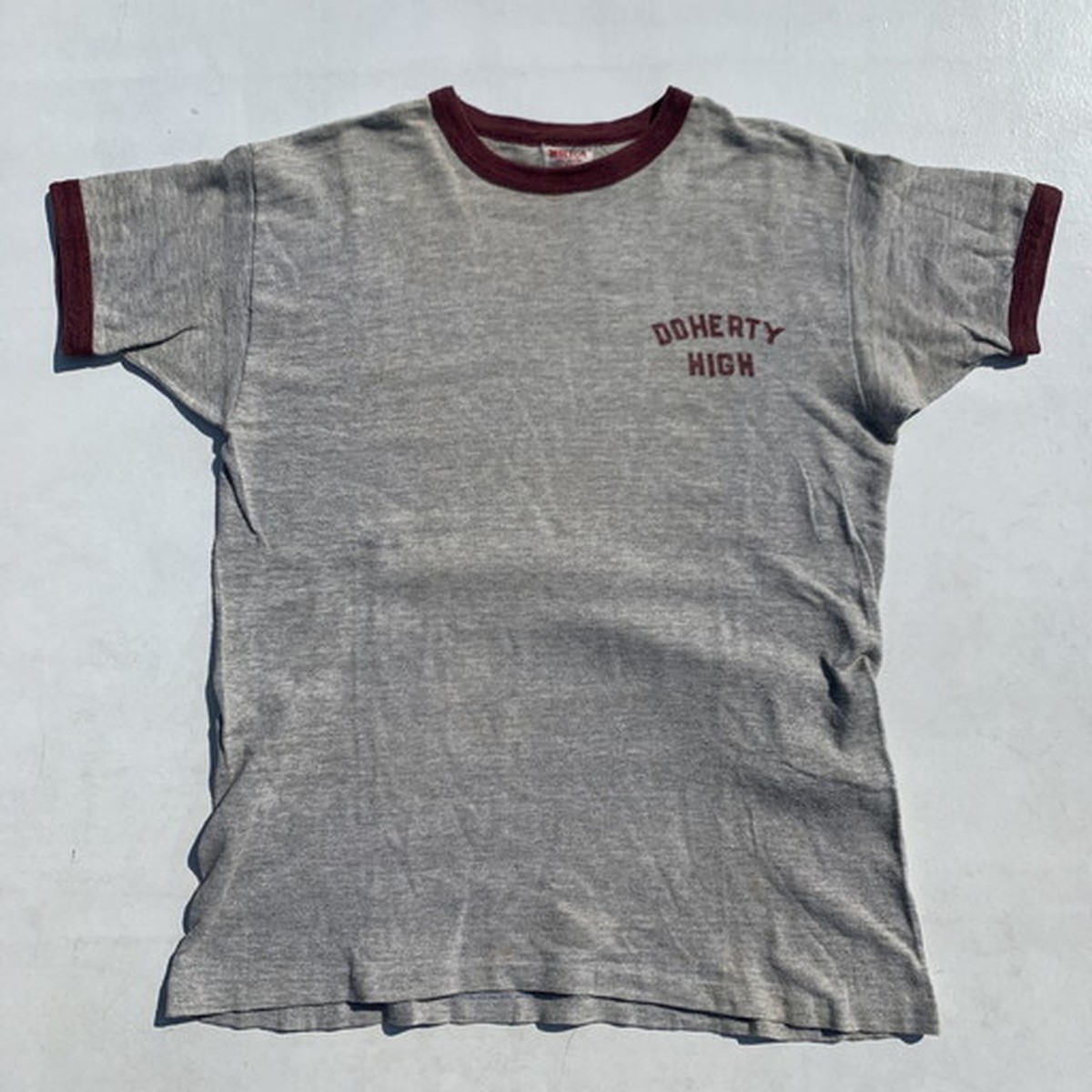 50's 60's WILTON ウィルトン リンガーTシャツ トリム 杢グレー エンジ DOHERTY HIGH カレッジ 染み込みプリント