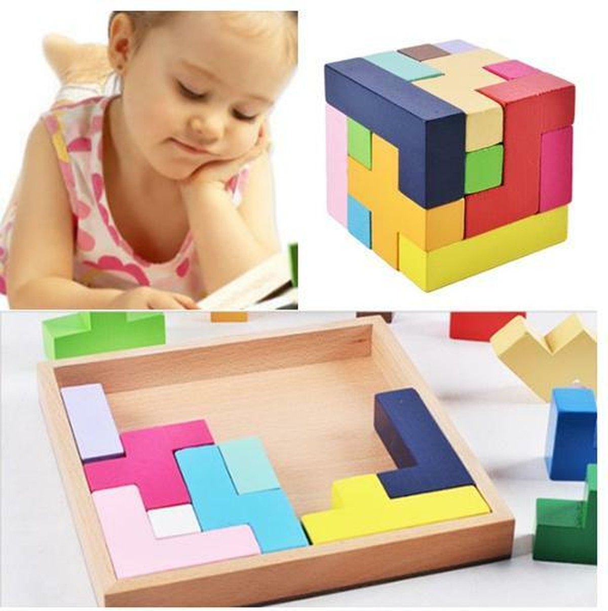 5 木製知育玩具 形合わせ パズル 立体 テトリス ブロック 木製おもちゃ フルール
