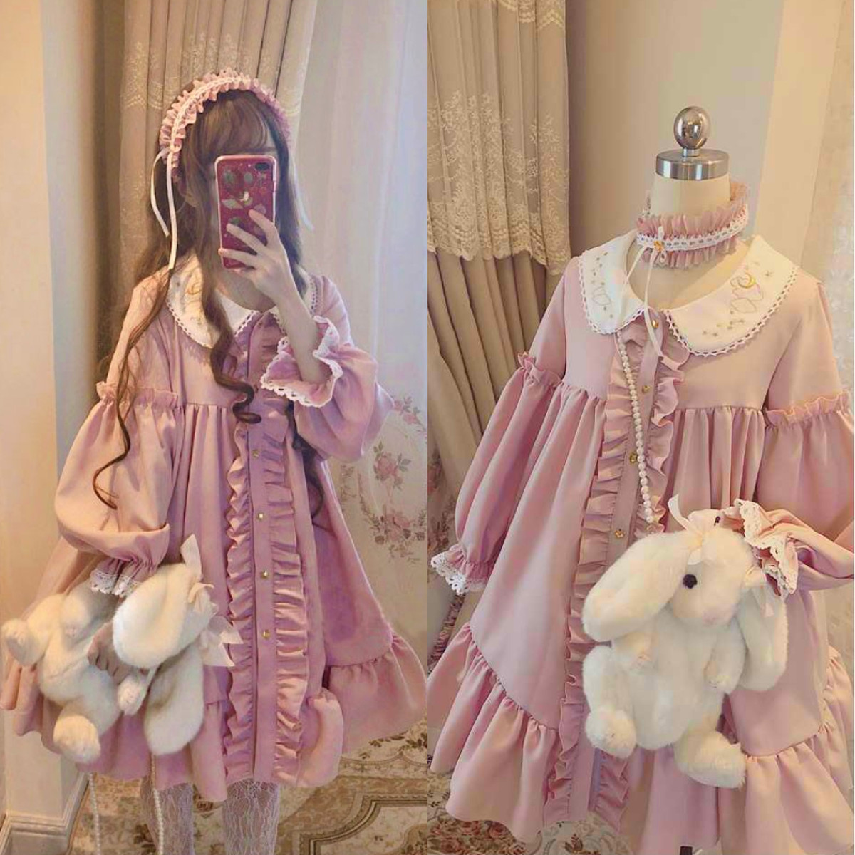 レディース ワンピース ロリータ ピンク 長袖 膝丈 ドレス ロリータファッション Lolita ダスティピンク 襟付き ゆめかわいい 原宿