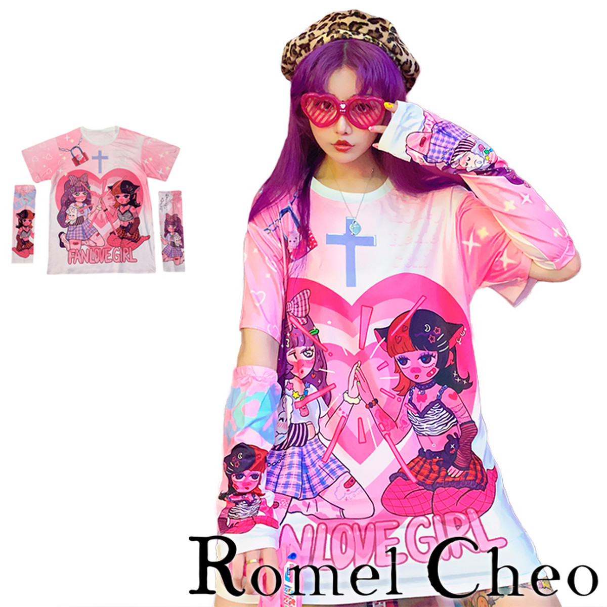 お支払い確認後日以内発送 Romelcheo 袖付き 原宿 イラスト Tシャツ 半袖 アームカバー ハンドカバー プリント ゆめかわいい 病みかわいい レディース ストリート系 カジュアル 原宿系 青文字系 ガーリー ロリータ Y2k レトロ 個性派 ファッション