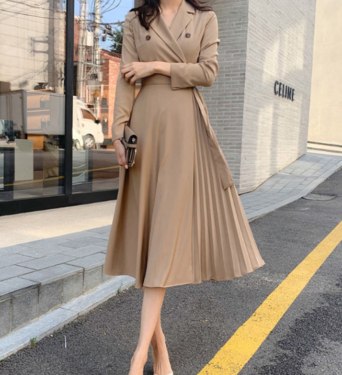 ワンピース レディース フェミニン 秋 冬 Aラインワンピース ウエストベルト シャツワンピ ダブルボタン ハイウエスト シンプル きれいめ 上品 大人カジュアル オフィス デート お出かけ 女子会 旅行 ブラック ワインレッド レッド カーキ Canzone Per Tailleur