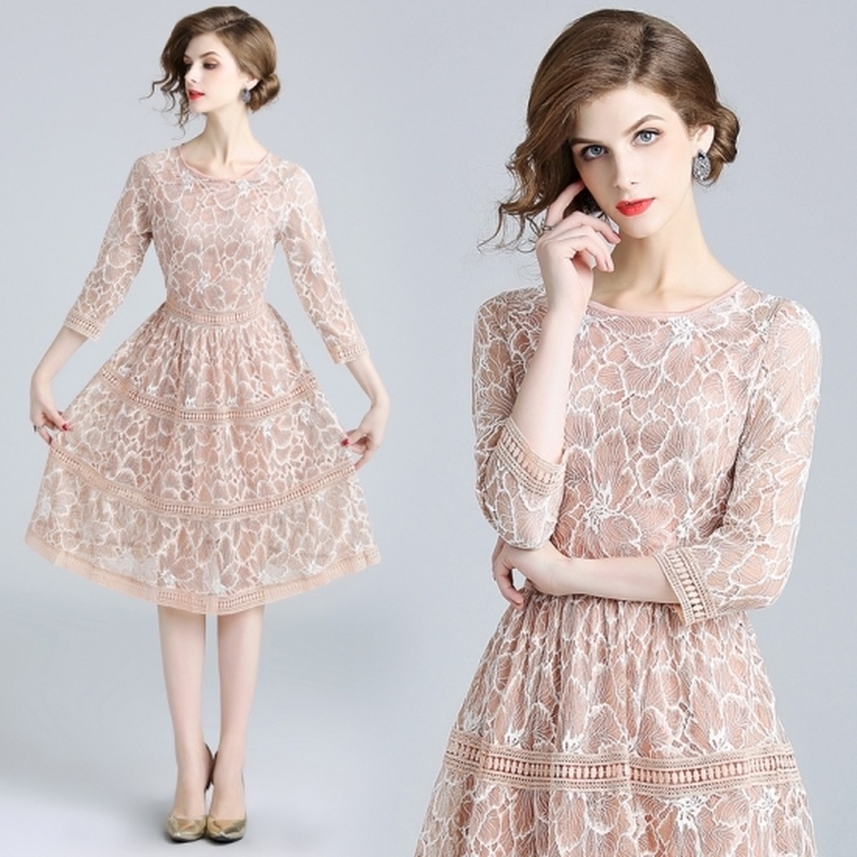 七分丈 レース ピンクベージュ 結婚式二次会 披露宴 パーティードレス お洒落さん 大人女子 お呼ばれ ブライズメイド J86 Dressy Lily ドレッシーリリー プチプラドレスワンピース専門店