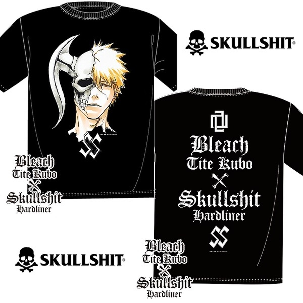 再入荷 スカルシット Bleach Tite Kubo Skullshit Hardliner Collaboration T Sh 限定コラボｔシャツ アニメ ブリーチ 久保帯人 黒崎一護 斬魄刀 半袖 黒 ブラック ドクロ メンズ レディース Rock Punk ロック パンク ギフトラッピング無料 ステージ衣装 Rogia