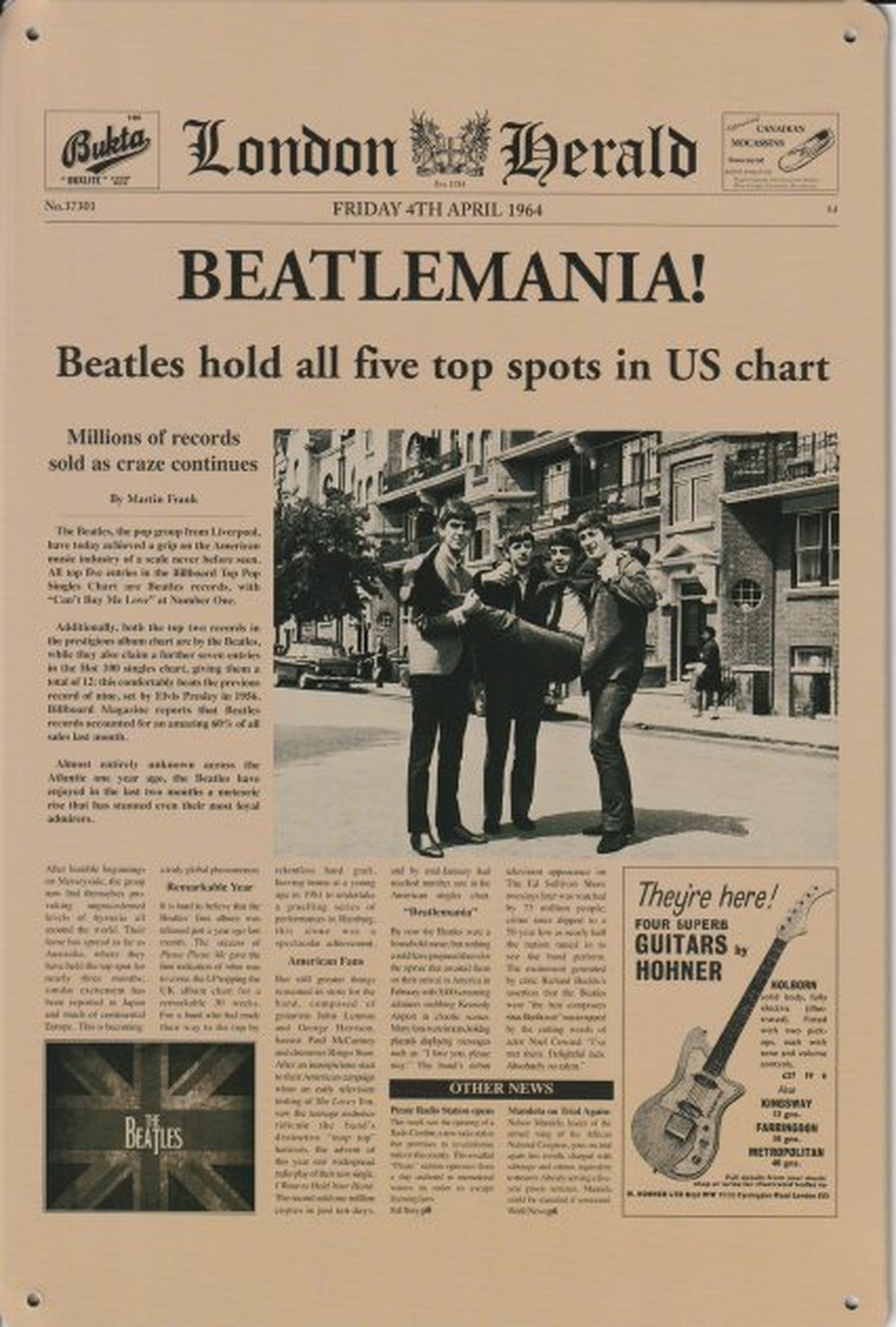 アメリカン 雑貨 ヴィンテージ風 レトロ ブリキ看板 The Beatles ロンドン ヘラルド Monluxe