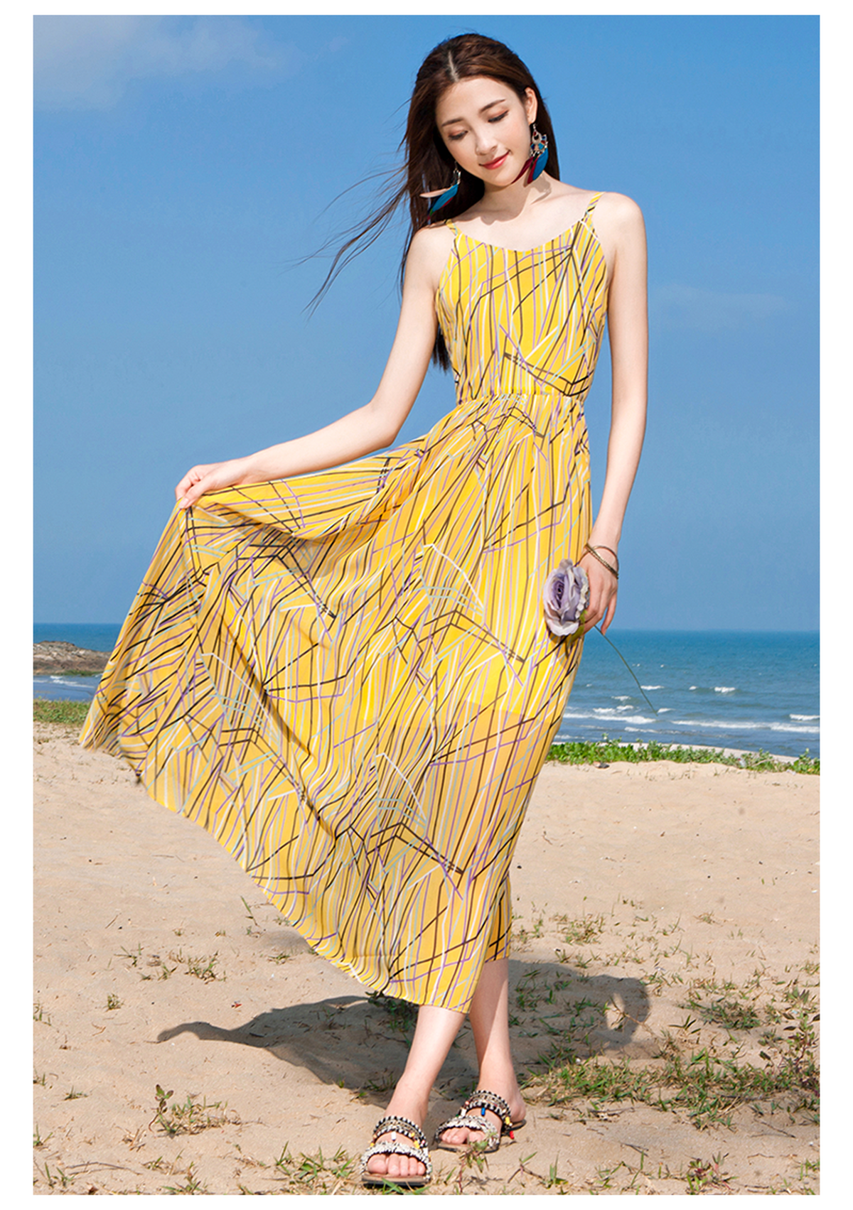 Vネック ノースリーブ ロング丈 背が高く見えるスプライト柄 風になびくシフォンワンピース Mahalore To All Ladies