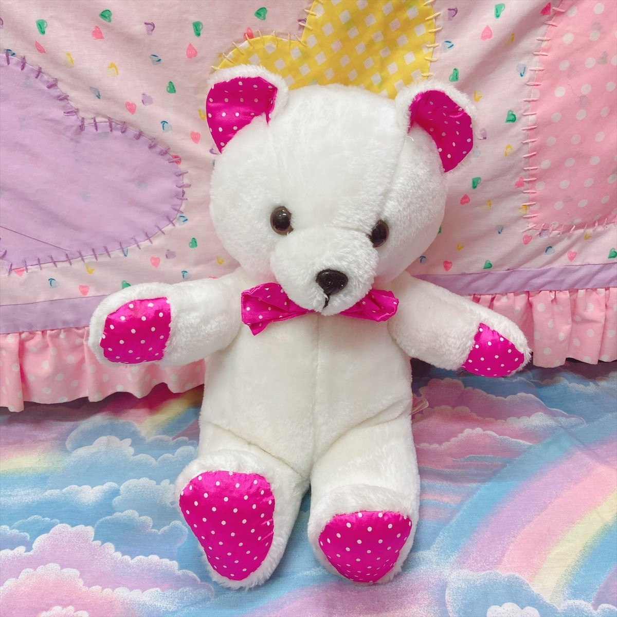 Vtg ぬいぐるみ 白 ピンクパープルドットくま Spank