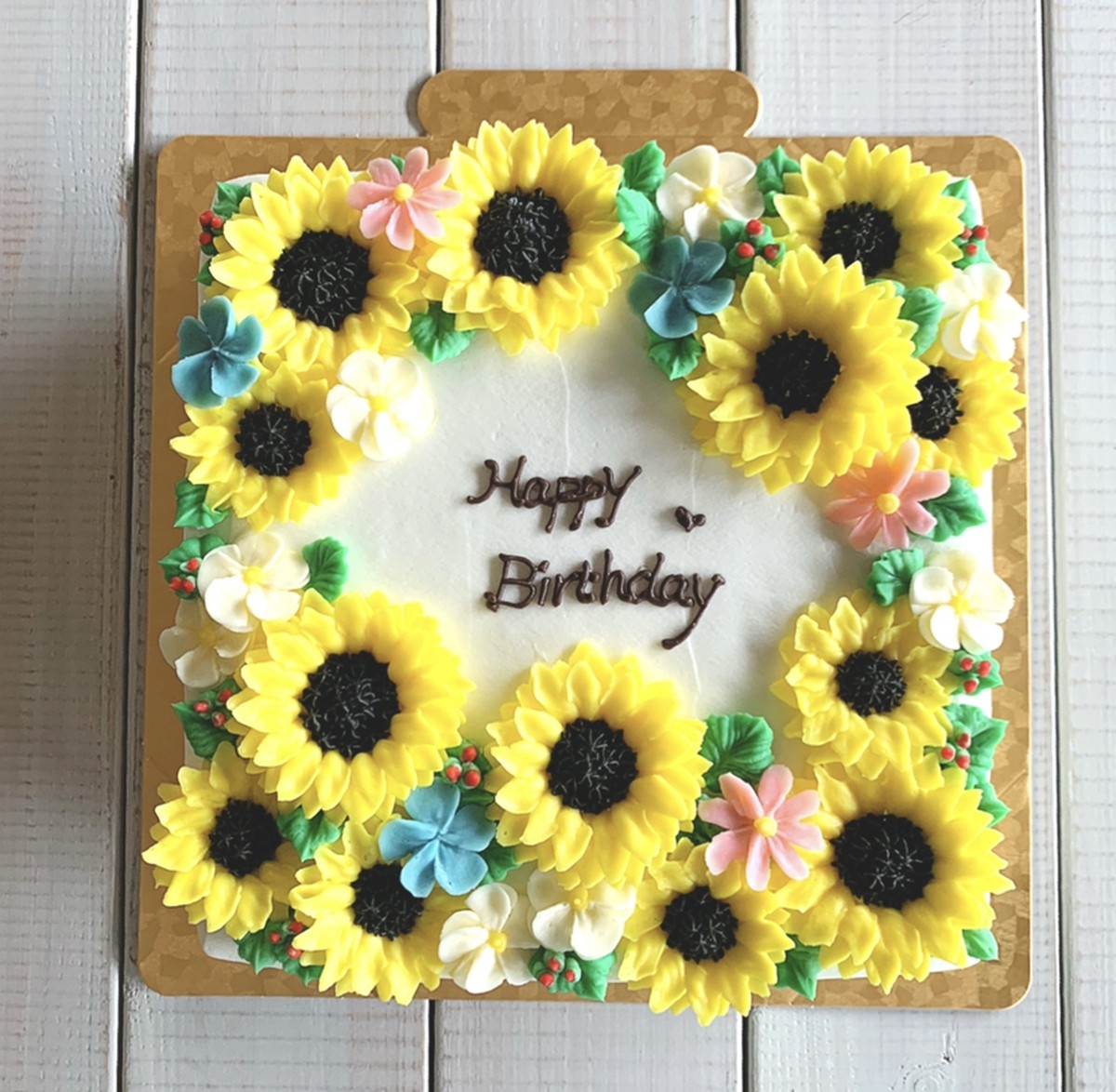 配送打合せ6号大きなひまわりのスクエアケーキ フラワーケーキのcafe De Realite カフェドリアリティ