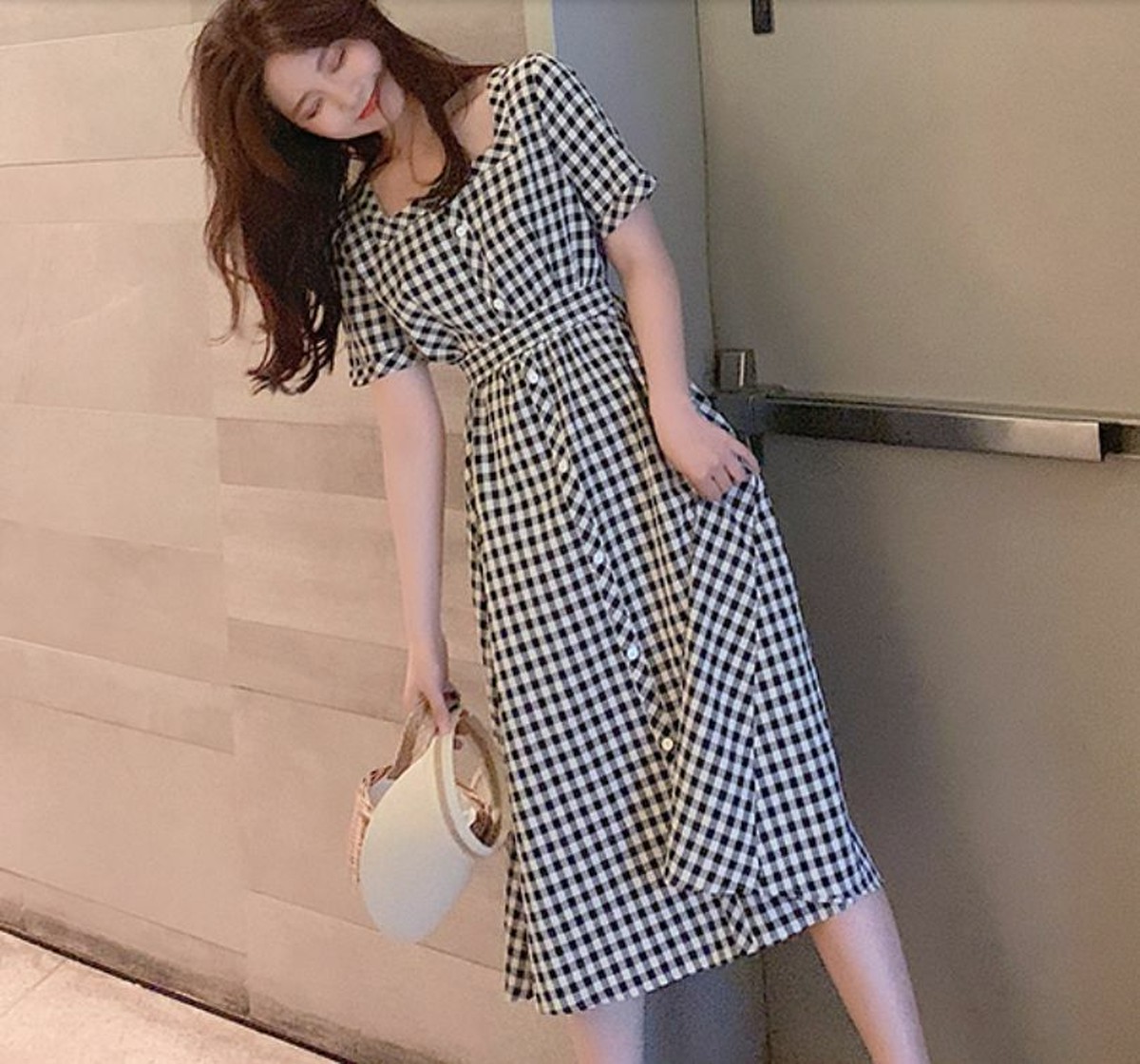 在庫あり 即納 ワンピース レディース 半袖 チェック スクエアネック デコルテ ひざ上 リボン ボタン ハイウエスト 脚長効果 フレア 姫 デート 大人 Expectation Www Iacymperu Org