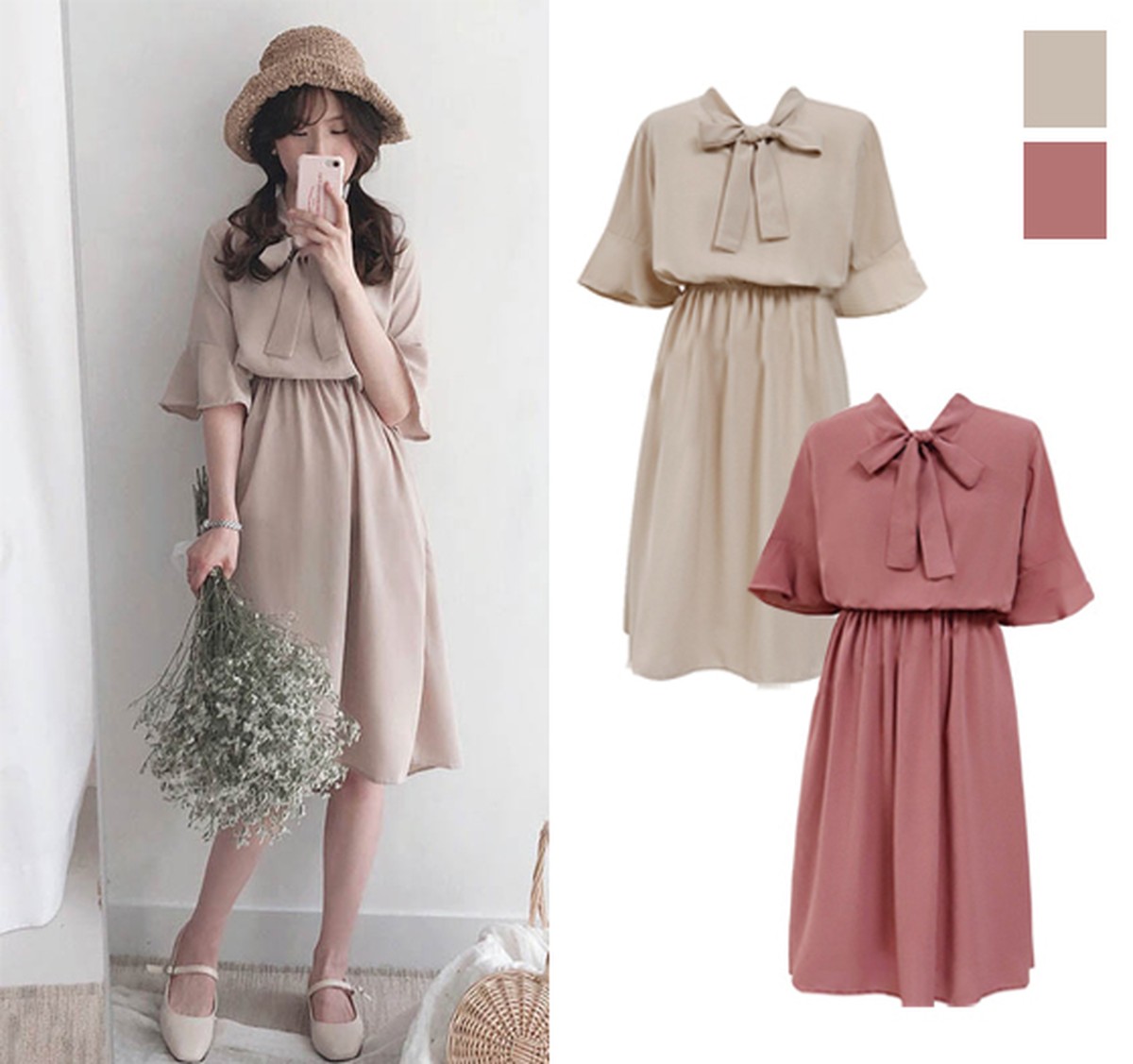 韓国ファッション ワンピース レディース 夏 きれいめ ミディアム丈 オルチャン リボン Tb 355 毒いちご 韓国ファッション