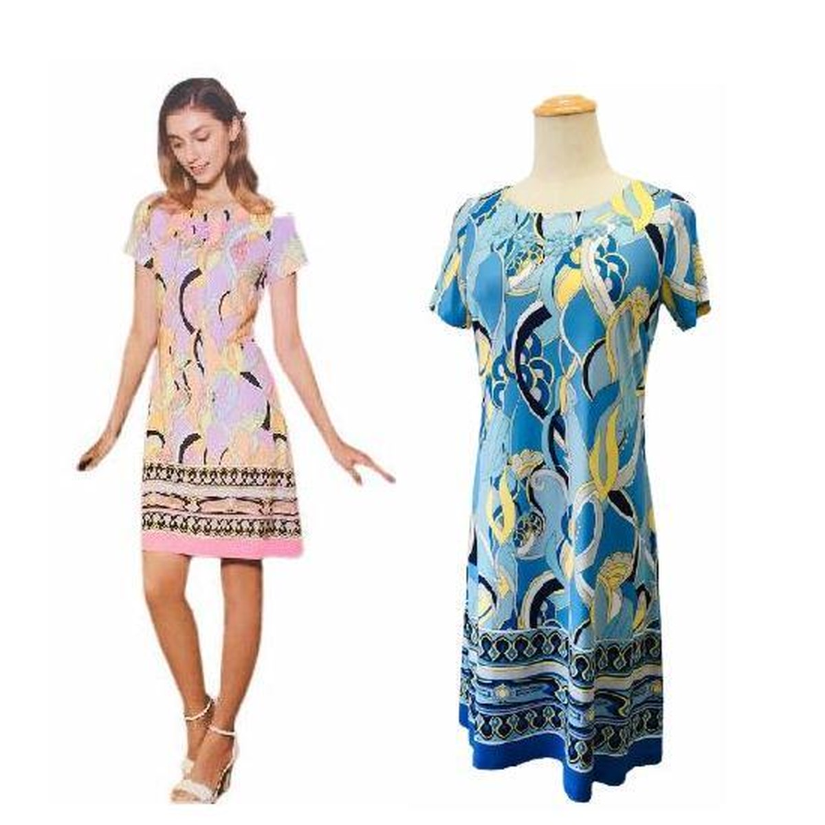 スーパービューティ Super Beauty プッチ柄ワンピース 幾何学模様 ブルー M 40 大人かわいい服 Gold Smith