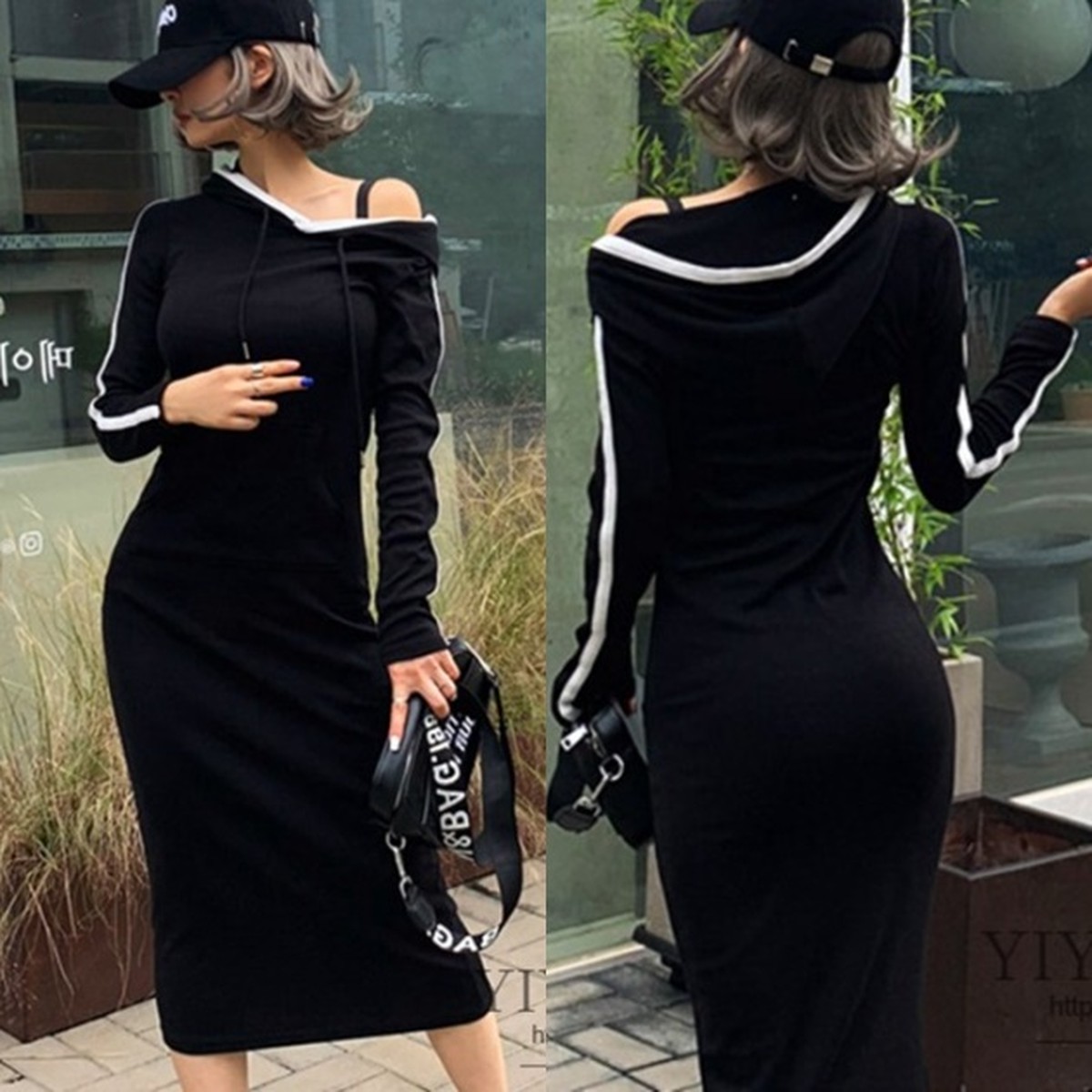 パーカー ワンピース スウェット タイト 韓国 ファッション 秋服 レディース サイドライン ポケット 長袖 スポーツミックス カジュアル ロングワンピース スポーツウェア 黒 ストレッチ Vestito