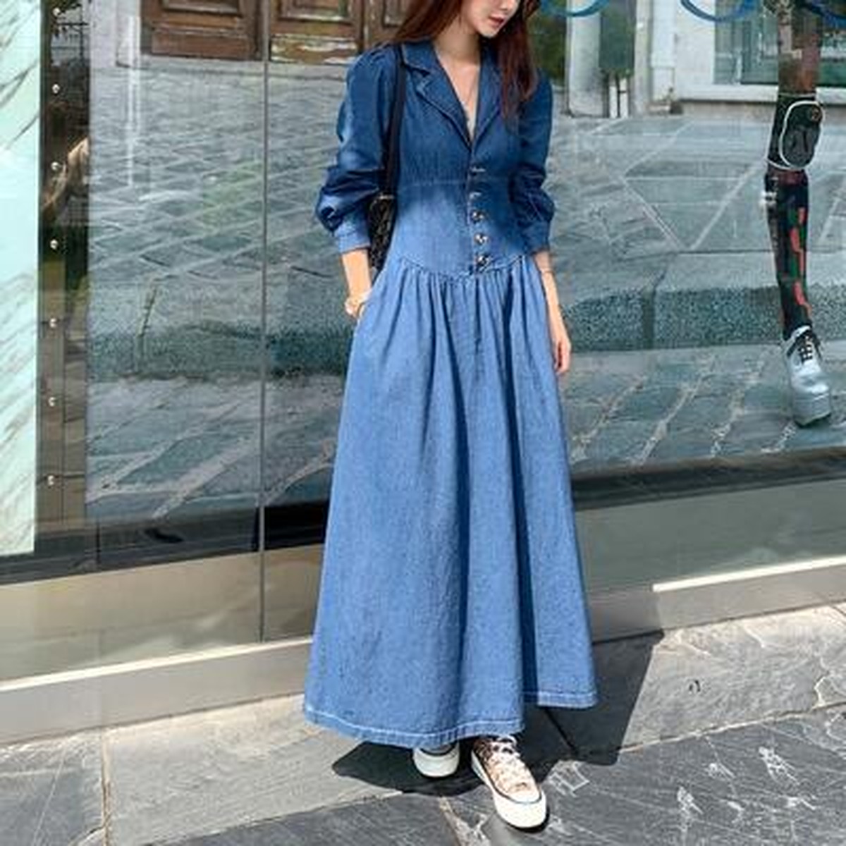 注目ブランド パフスリーブ Vネック デニム生地 ウエストリボン ロングワンピ 着やせ 美人 かわいい ドライブ 休日スタイル デート ママスタイル 可愛 セール30 Off Gdpcambodia Org