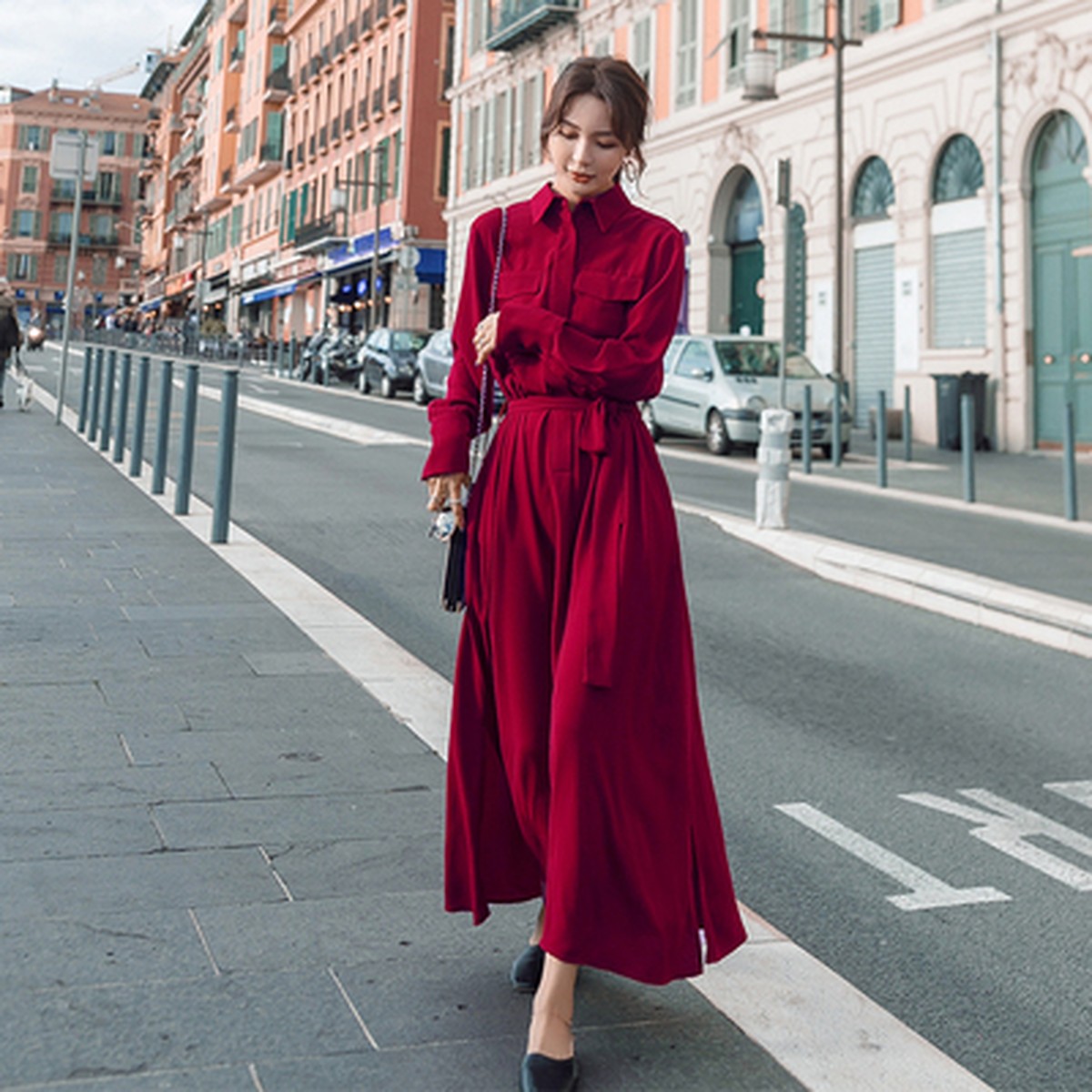 秋 冬 レディース ワンピース ロングワンピース ワインレッド 赤 長袖 レトロ ハイウエスト かわいい おしゃれ 韓国 きれいめ プチプラ Fa 10 75 Dress Sugar Moon