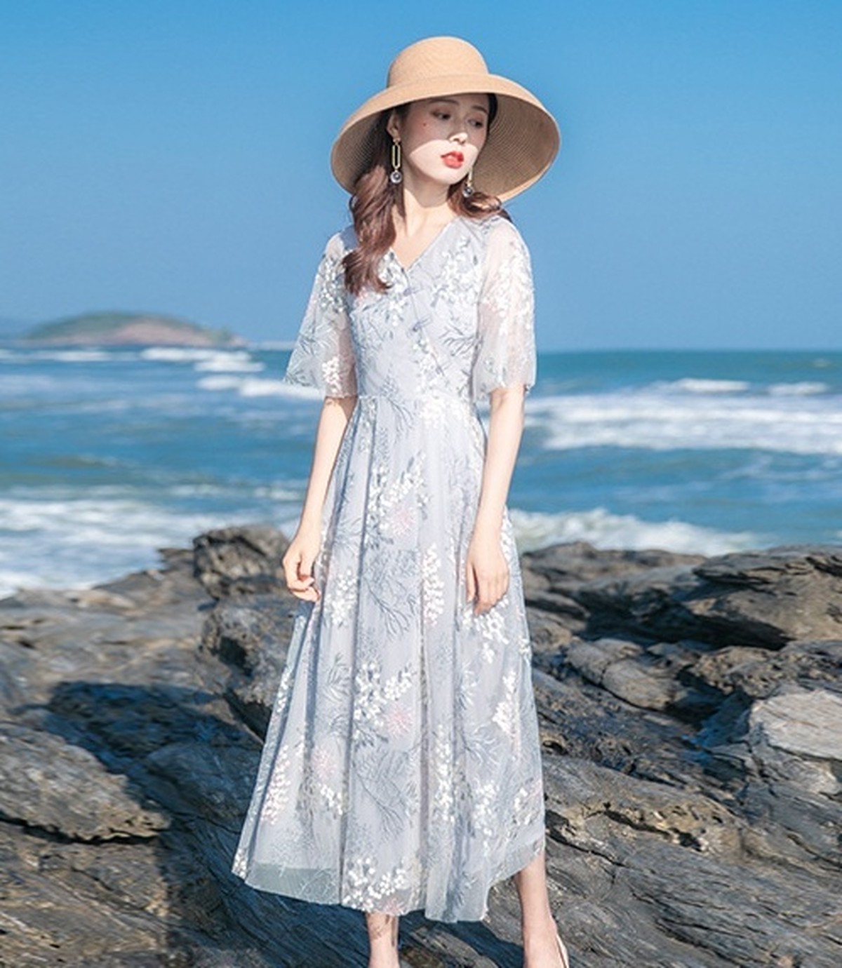 国内正規品 ワンピース ブルー チャイナ風 ドレス 膝下丈 花柄 春 夏 半袖 プリント シフォン フェミニン ガーリー リゾート 海 旅行 南国 韓国 ファ 日本公式品 Www Centrodeladultomayor Com Uy