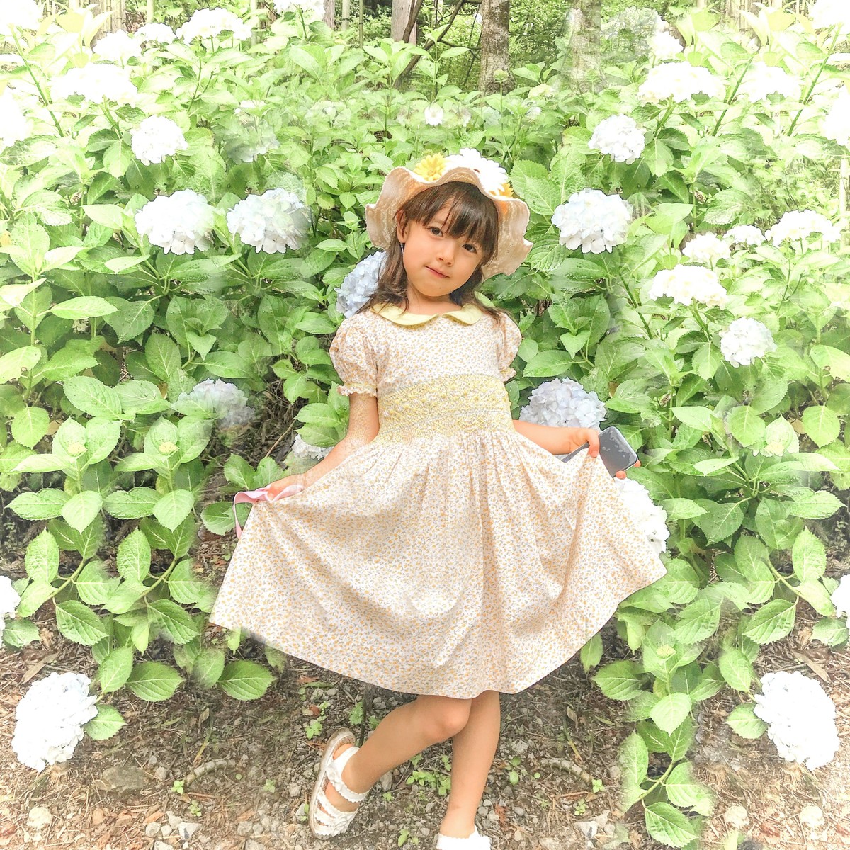 スモッキングワンピース イエローポワン袖 Heart Spring スモッキングワンピースと可愛い子供服
