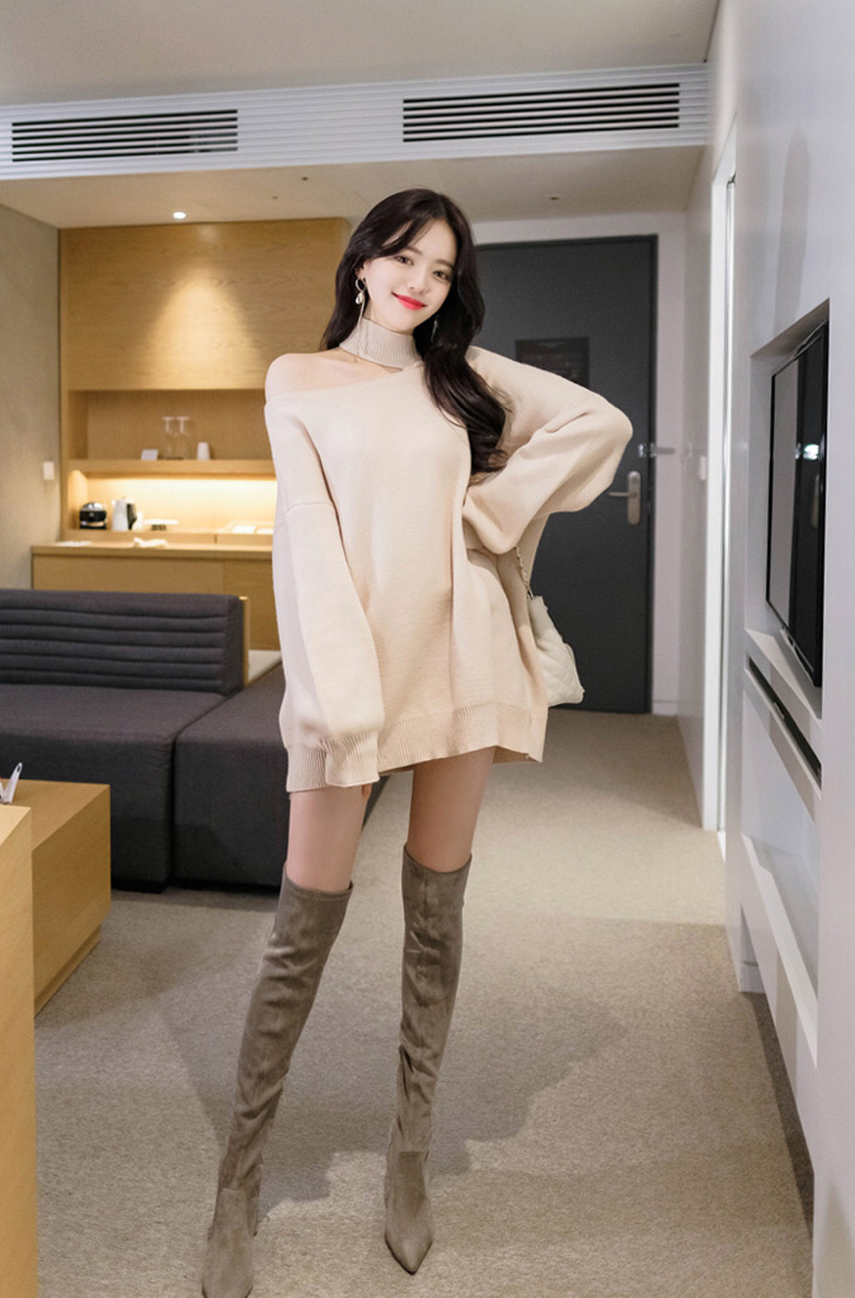 送料無料 ハイネック ワンショルダー 韓国 ニットワンピース ニットトップス ワンショルダーニット ワンピース ニットワンピ Mersea S Room 送料無料