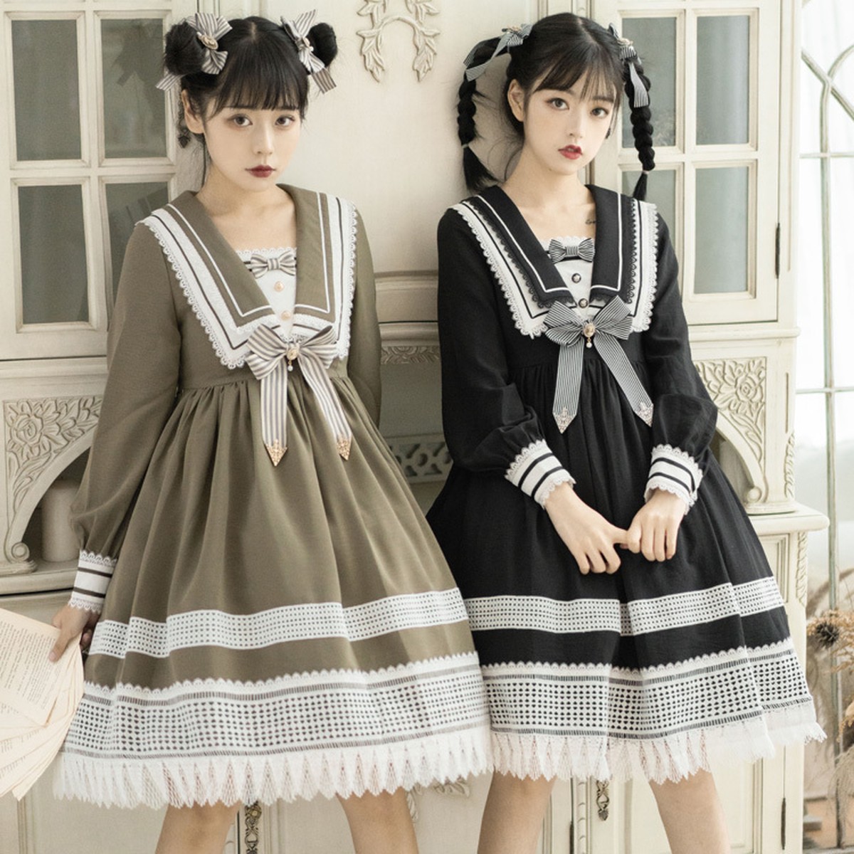 ダブル セーラーカラー ワンピース 長袖 ブラック グリーン OP ロリータファッション lolita【1145】 <em>sweet♡closet</em>