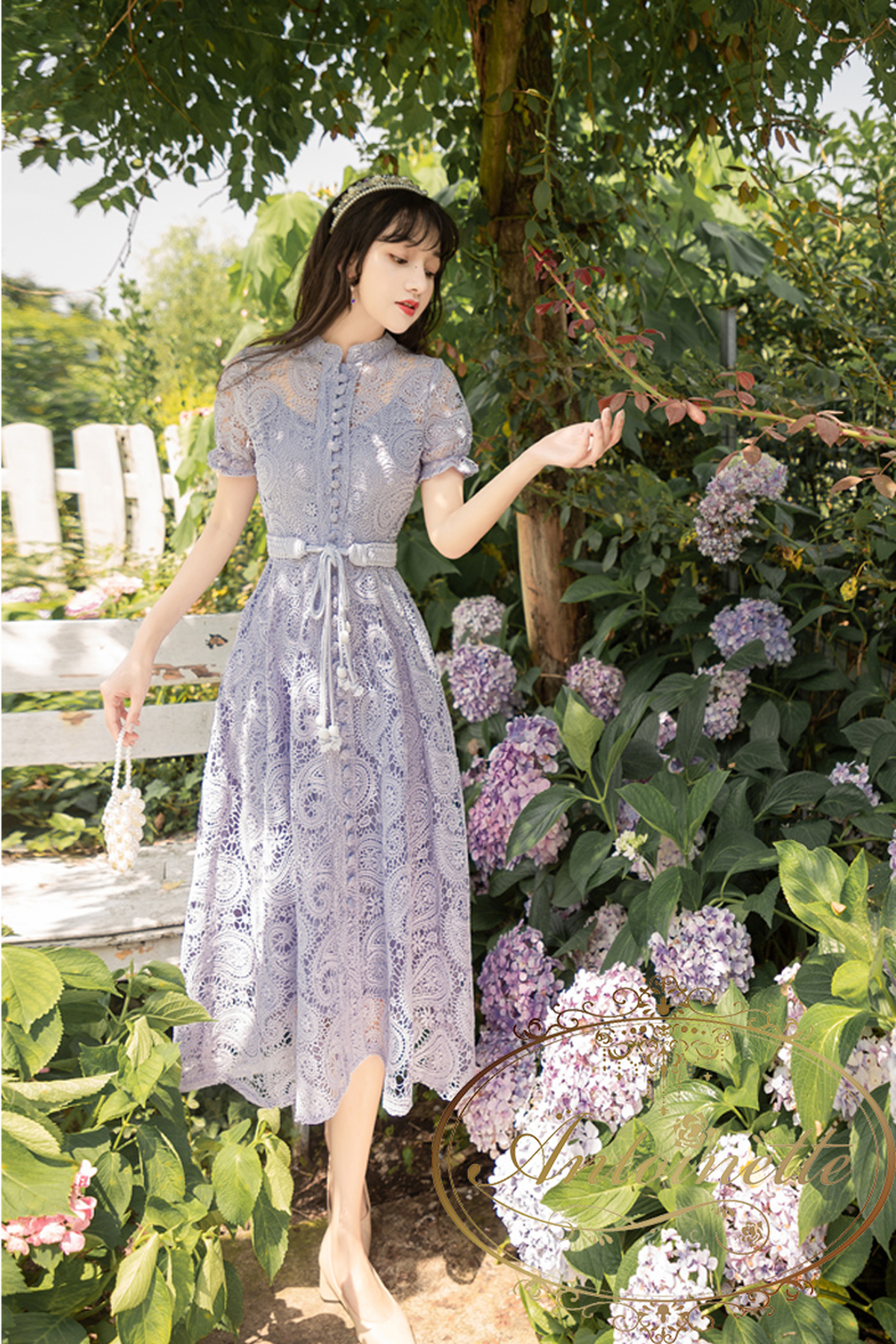 紫陽花 パープル ブルー くすみカラー インスタ映え ワンピース レディース Lace One Piece Elegant Feminine Antoinette