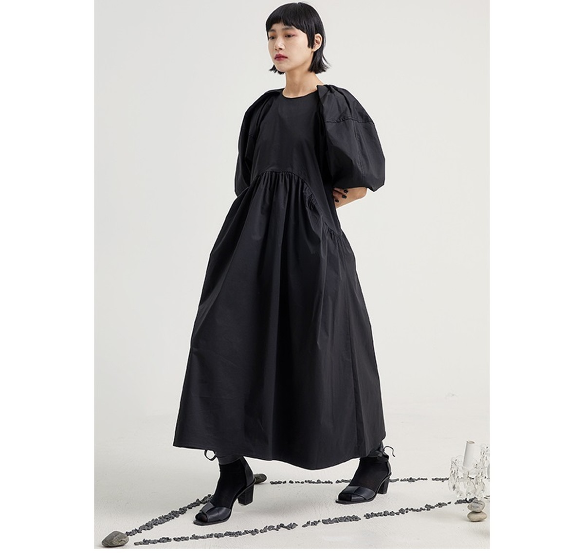 Mode Black Correction Puff Volume Sleeve Loose Long One Piece ゴシック ワンピース 個性的 パーティドレス マキシワンピース ブラック 黒 Black Dm8 Top Mode
