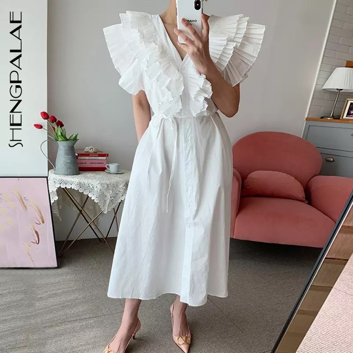 415 Vネックフリルコットンワンピース Petitmignon Store