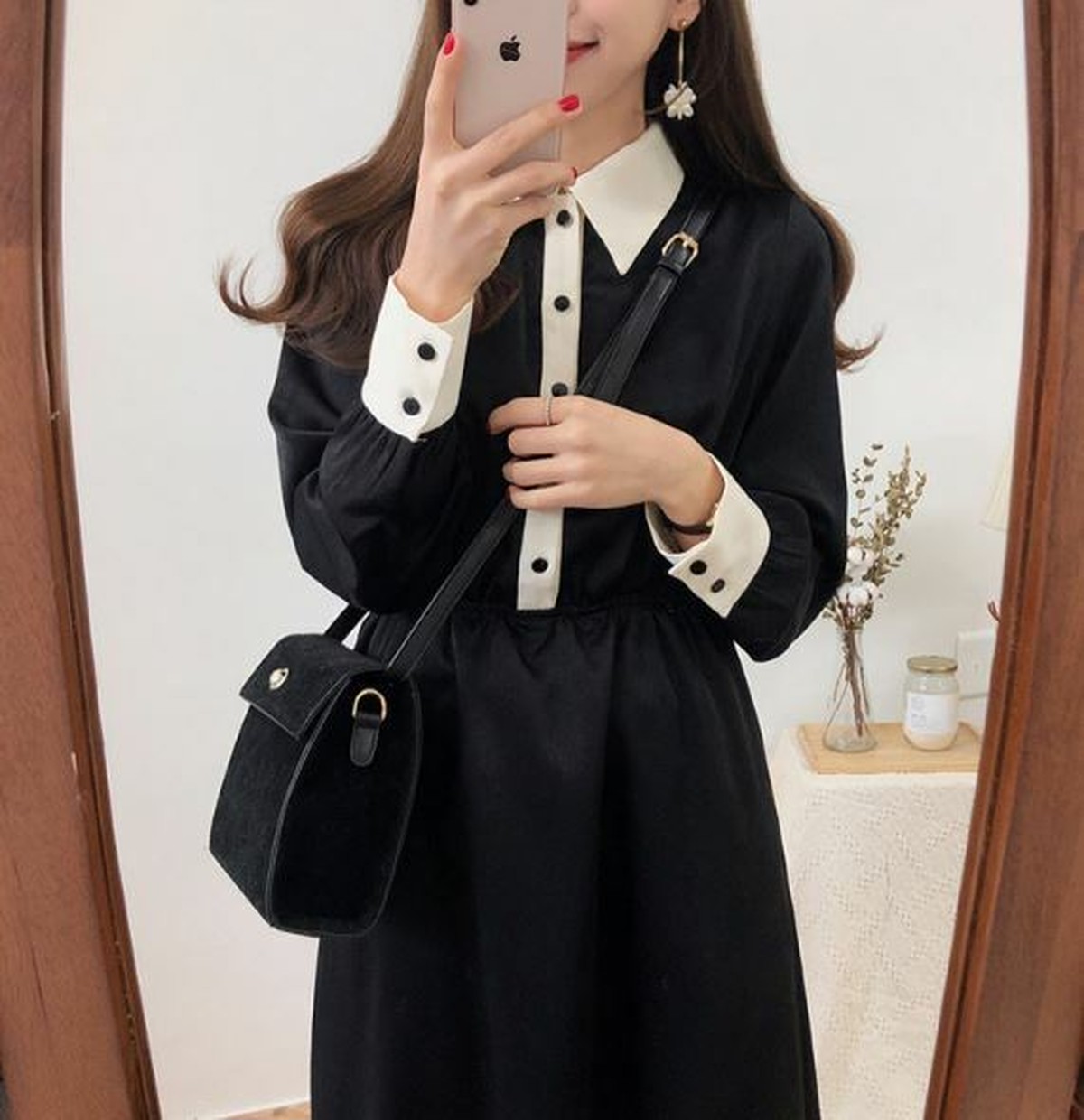 きちんと感がある襟付きロングワンピース 大きいサイズ お呼ばれ ワンピース レディース 襟 レトロ バイカラー 長袖 膝下丈 ミモレ丈 クラシック フレア エレガント Lalas