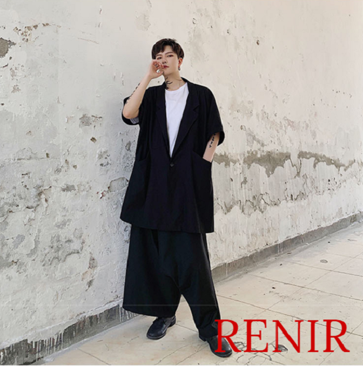 RENIR レニール メンズ カーディガン 黒 ブラック 半袖 新品 モード系 モノトーン アウター 羽織もの 夏 秋 服 RENIR