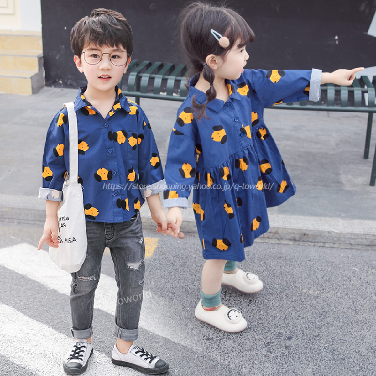 80 1 お揃いコーデ 兄弟 姉妹 友達 カップル ワンピース シャツ いぬ ブルー 韓国子供服 子供服 女の子 男の子 Q Toworld キュートワールド 子供服 メール便は何点でも送料の合計は280円