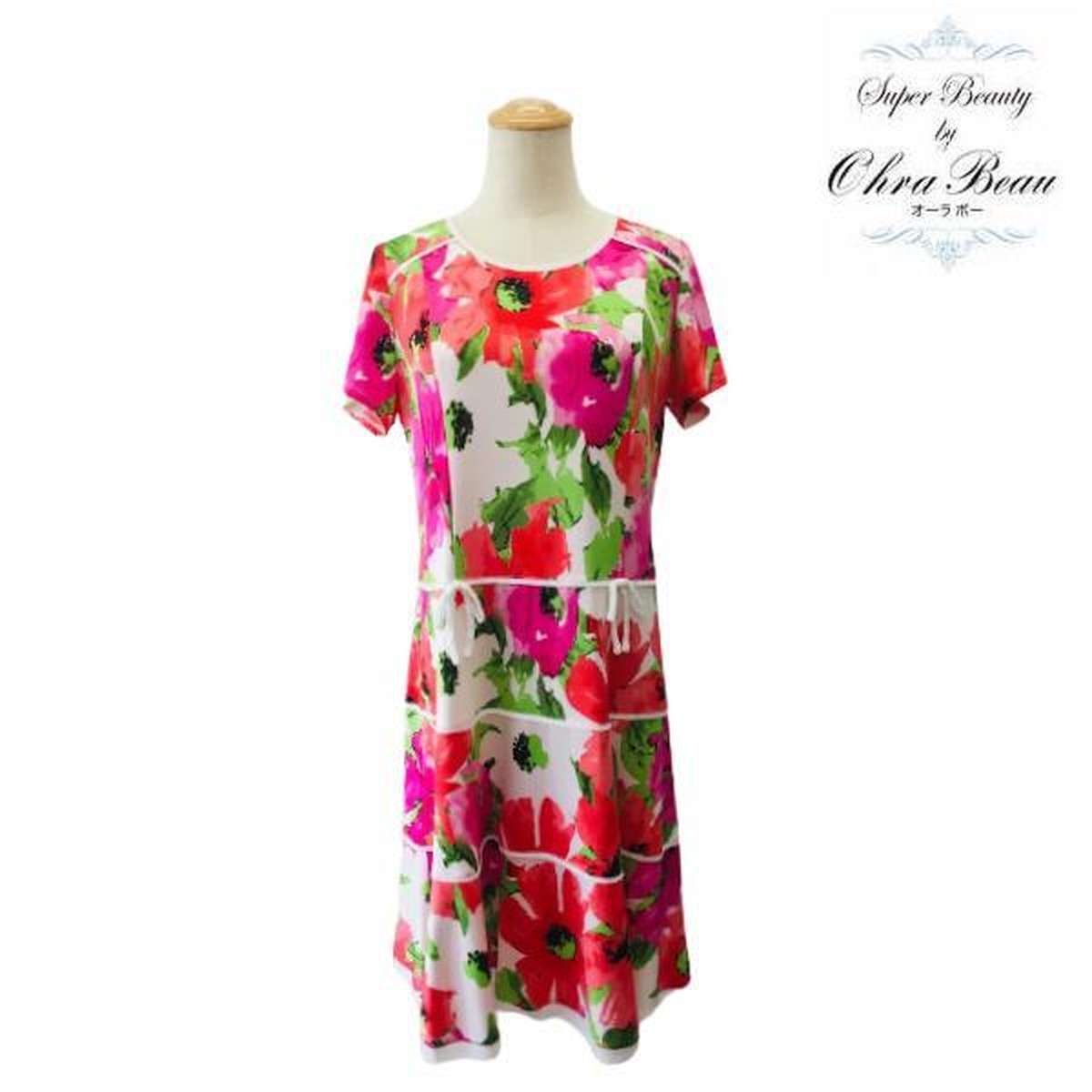 スーパービューティ Super Beauty フラワーデザイン パイピング切替ワンピース M 40 新品 大人かわいい服 Gold Smith