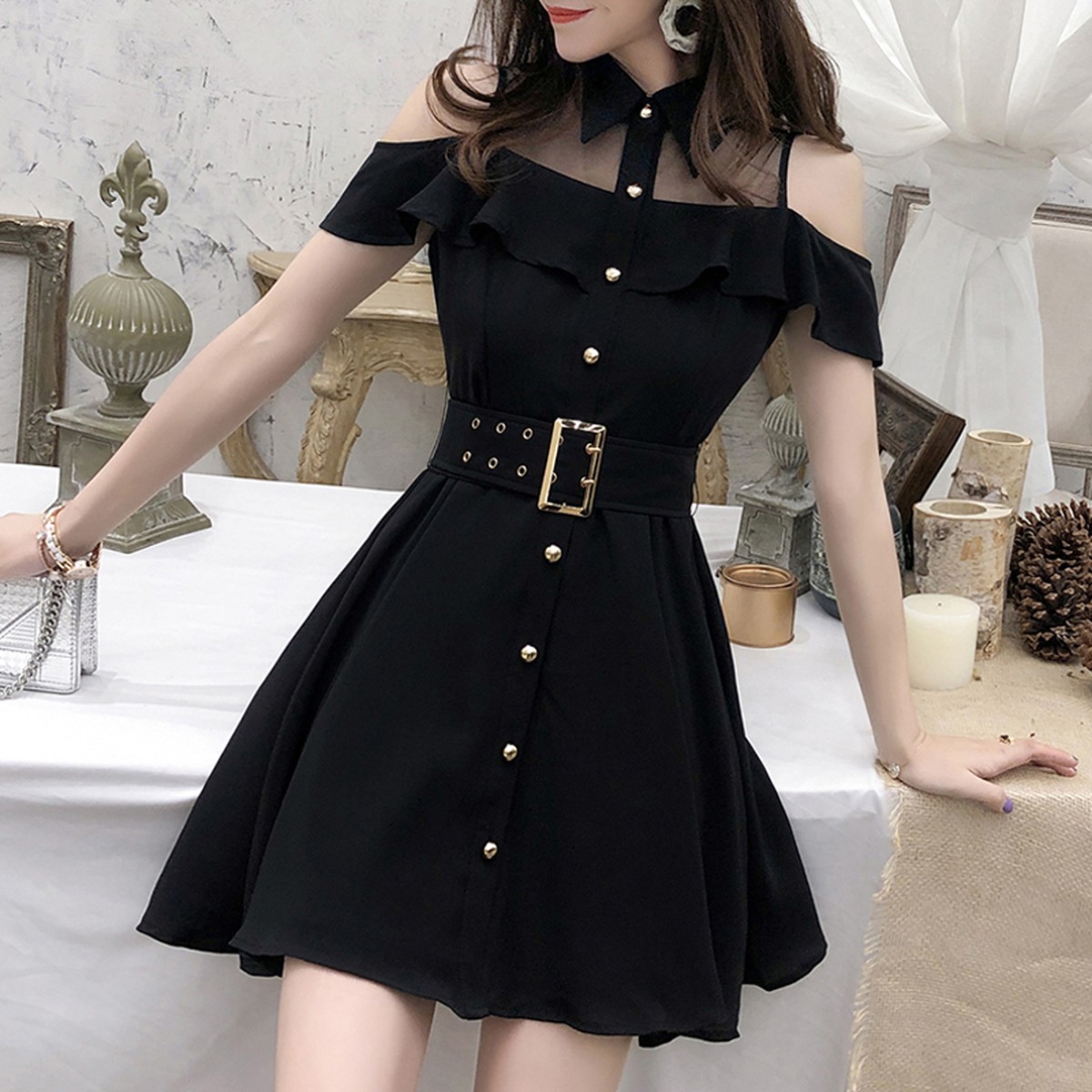 シースルー オープンショルダー 肩見せ ワンピース フリル 襟付き ミニワンピ 黒 ブラック おしゃれ かっこいい 韓国ワンピ 韓国 韓国ファッション オルチャン オルチャンファッション K424 Korean Select 韓国ファッション オルチャンファッション