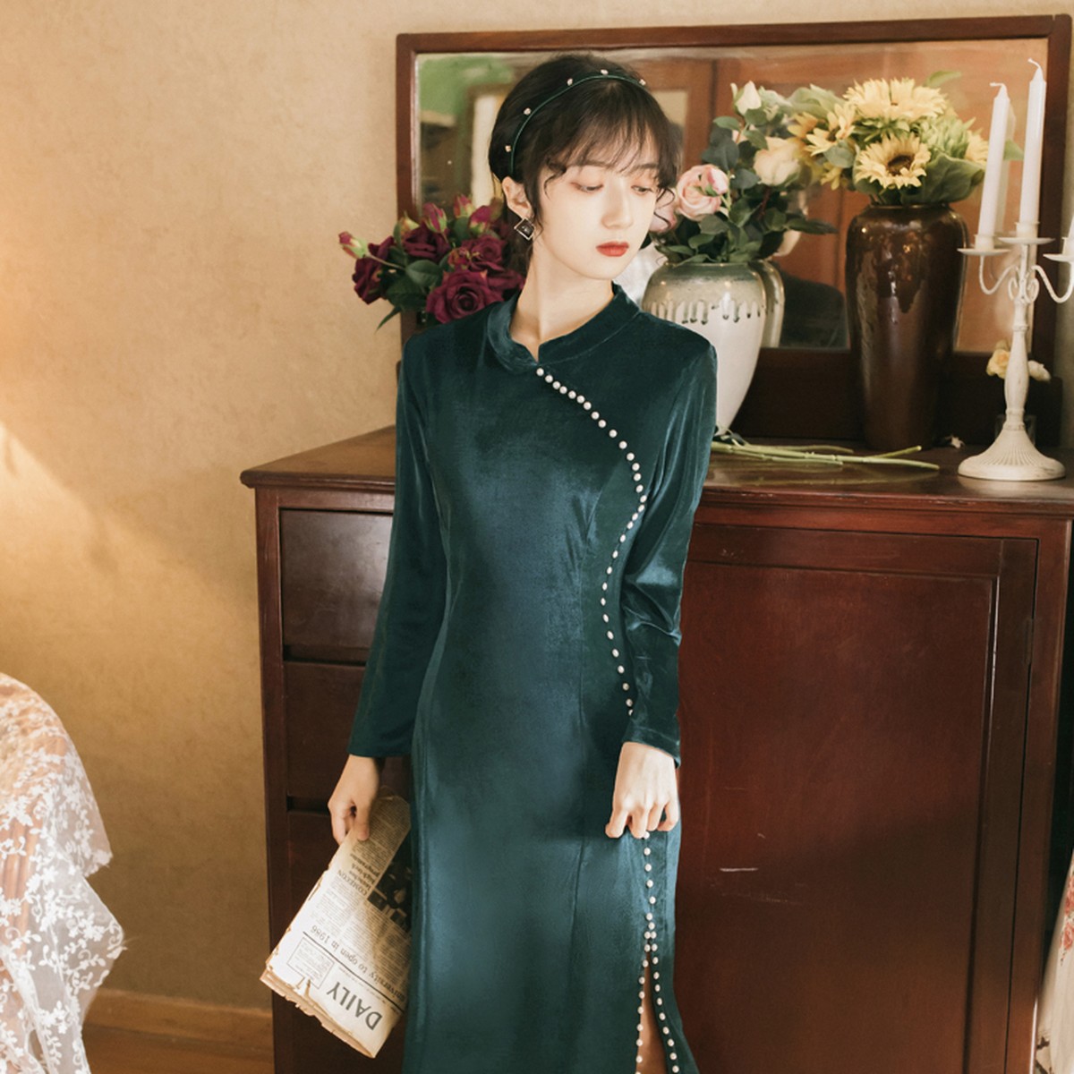 ベルベットチャイナドレス 改良型チャイナドレス チャイナ風ワンピース 改良唐装 改良漢服 チャイナ風服 中華服 ロング丈 S M L グリーン 緑 スリム Dresszone