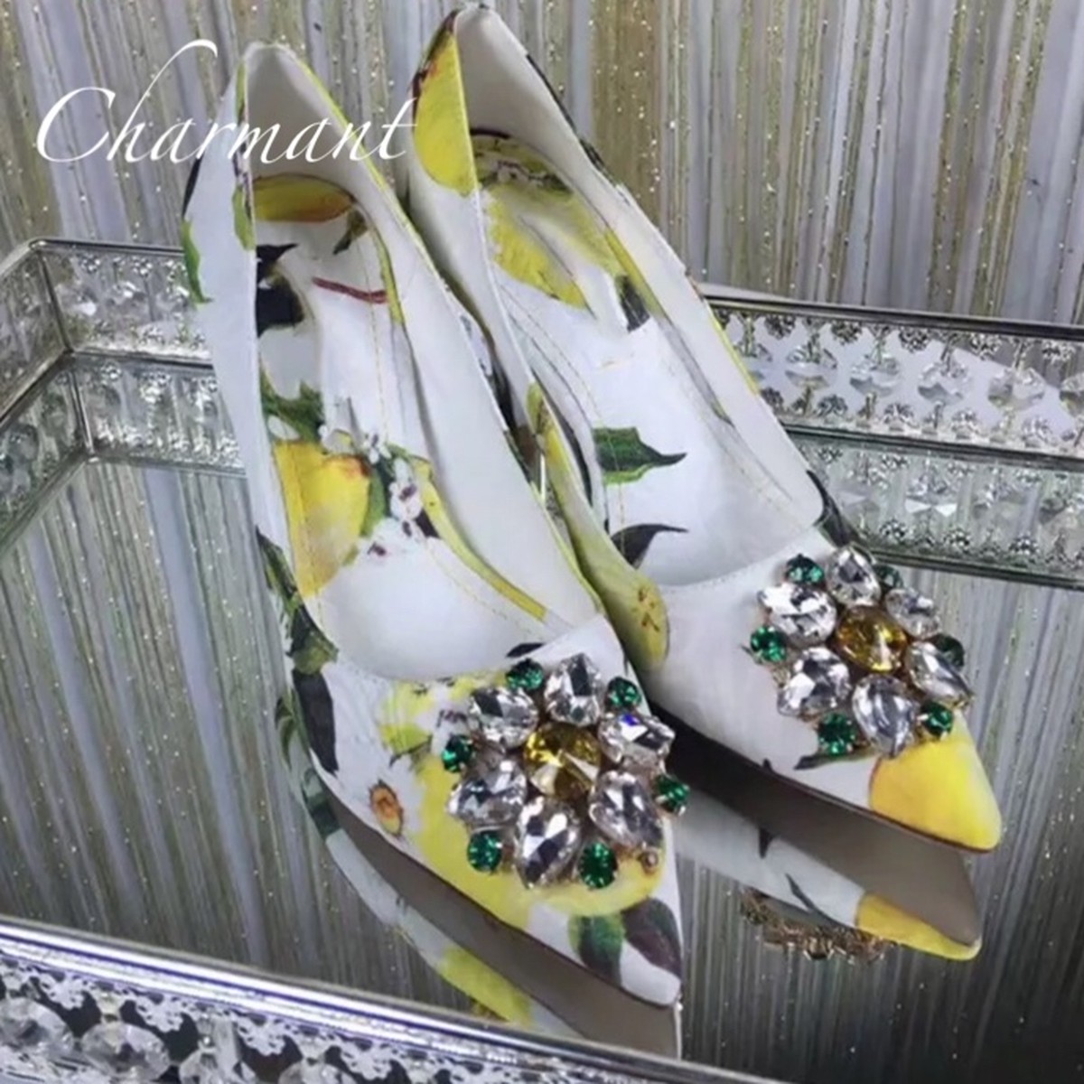 在庫あり 即納 レモン柄ハイヒールパンプス 23cm 黄色 イエロー 春夏 ビジュー 可愛い 日本最大級