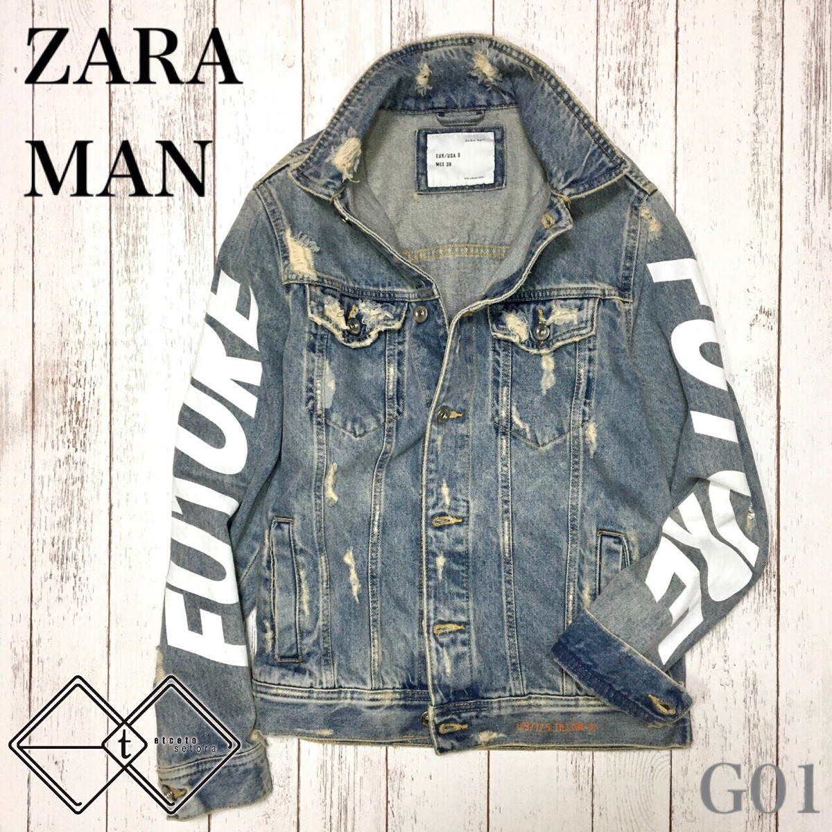 Zara Man デニム ジャケットgジャン 袖ロゴ クラッシュデニム ユーズド加工 ダメージ加工 G01 Used Etc