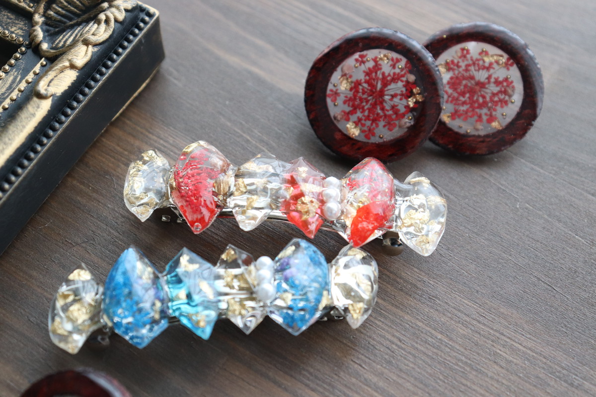 Wood Flower髪留め バレッタ 花 レジン ヘアピン 髪飾り Makko Woodworks