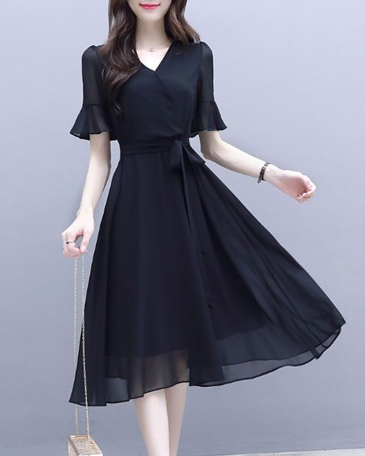 全日本送料無料 Laza ブラック Mサイズ ワンピース ひざ下丈 ドレス シフォン 長袖 ボリューム袖 黒 無地 マーメイド フィッシュテール フォーマル 今だけ限定価格 Www Endocenter Com Ua