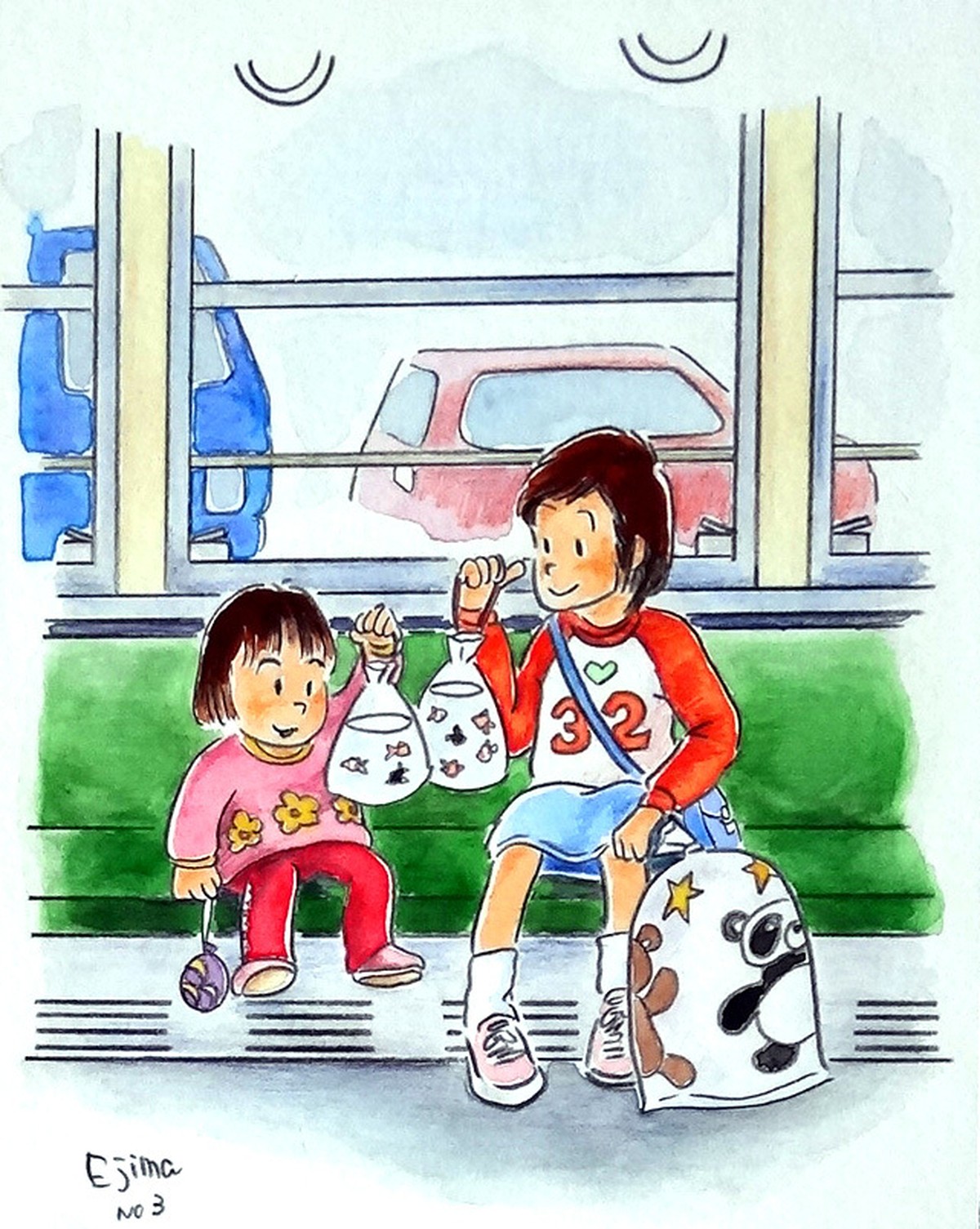 おくんち帰りの電車 水彩イラスト原画 長崎の対州馬 ひん太 商店