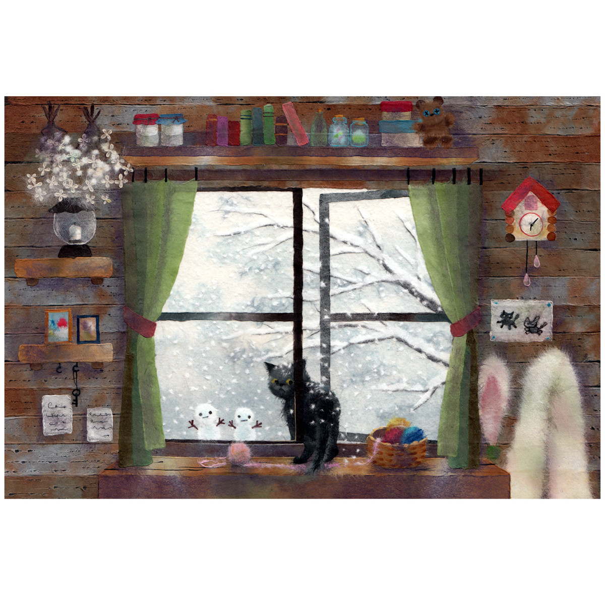 呼んだ 窓辺の黒猫シリーズ冬 かわいいイラスト ポストカード 和紙絵工房 和紙絵作品のプリントweb通販