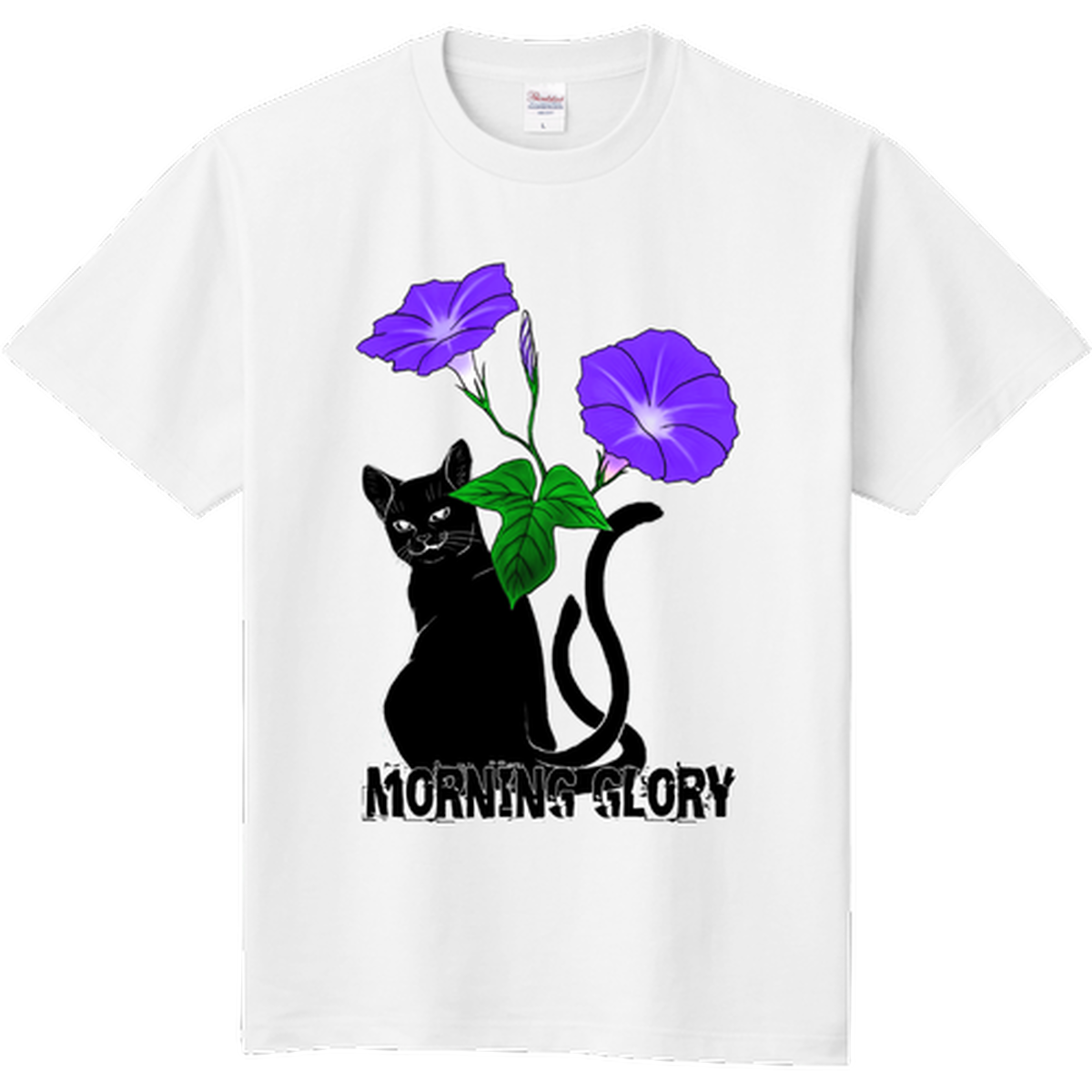 ねこまたと朝顔 黒猫tシャツ さのふぁみりあのかわいいオリジナルキャラクタープリントtシャツ