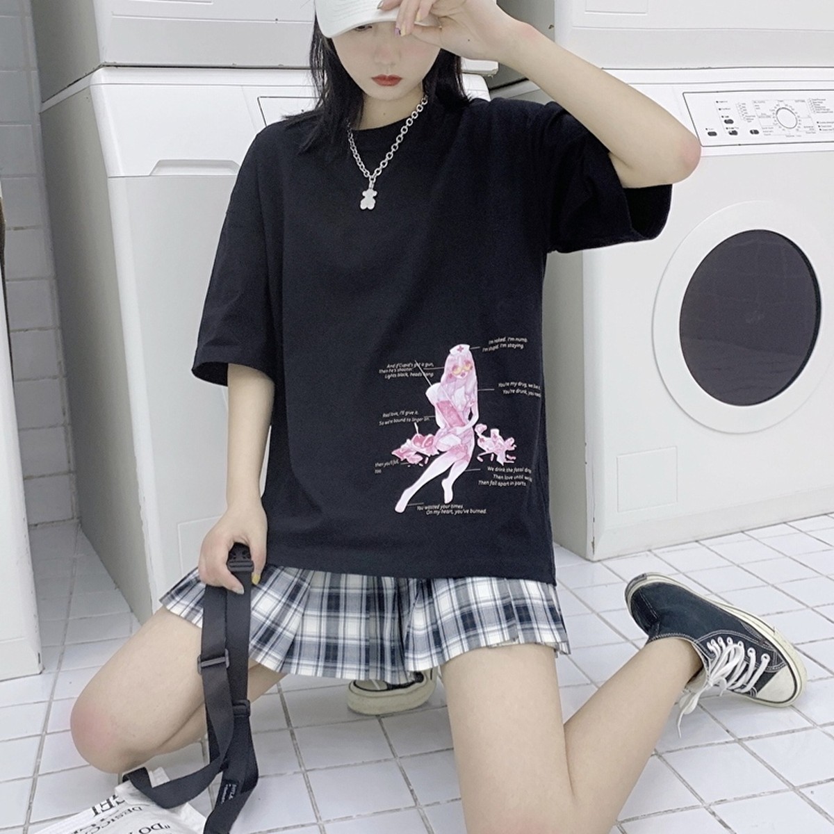 ゴスロリ系 トップス Tシャツ 黒 Crazygirl オリジナル ナース 注射器 コットンシャツ 病み可愛い ロリィタ オルチャン 10代 代 天使と悪魔 サブカル系ファッション Seasonz