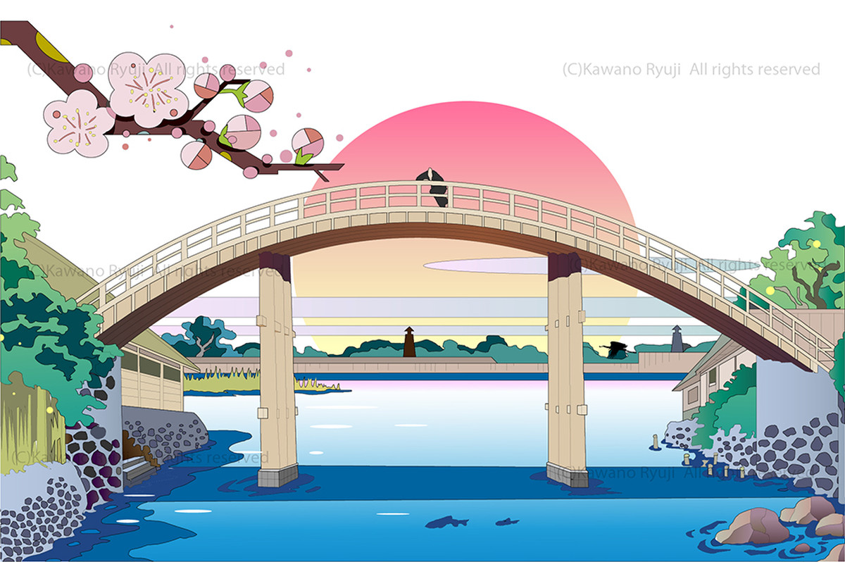 浮世絵風 風景 江戸の橋 日の出 Aiデータ ベクター Kawano ストックイラスト直販所