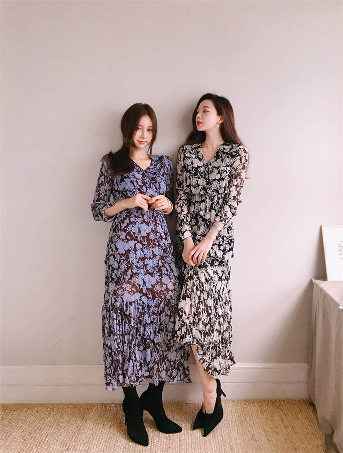 花柄ワンピース 青系 黒 花柄 ワンピース レディース ヴィンテージ レトロ レトロガール コーデ きれいめコーデ 春 長袖 ライダース ロング丈 1497 Sayurio レディースアパレル ファッション プチプラ アラサー アラフォー